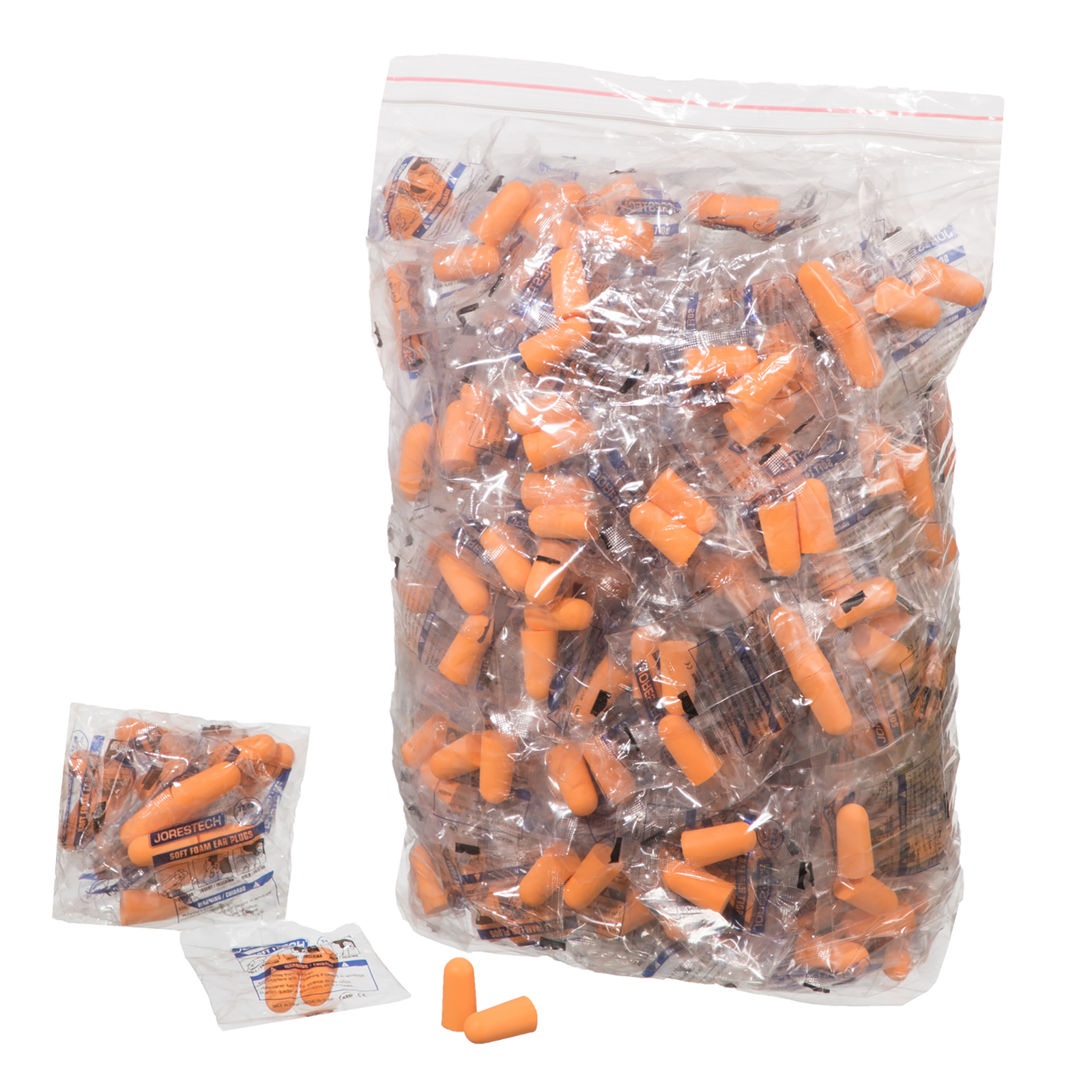 Pack of 200 pairs of individually packed JORESTECH® soft foam 32DB-NRR ear plugs over white background