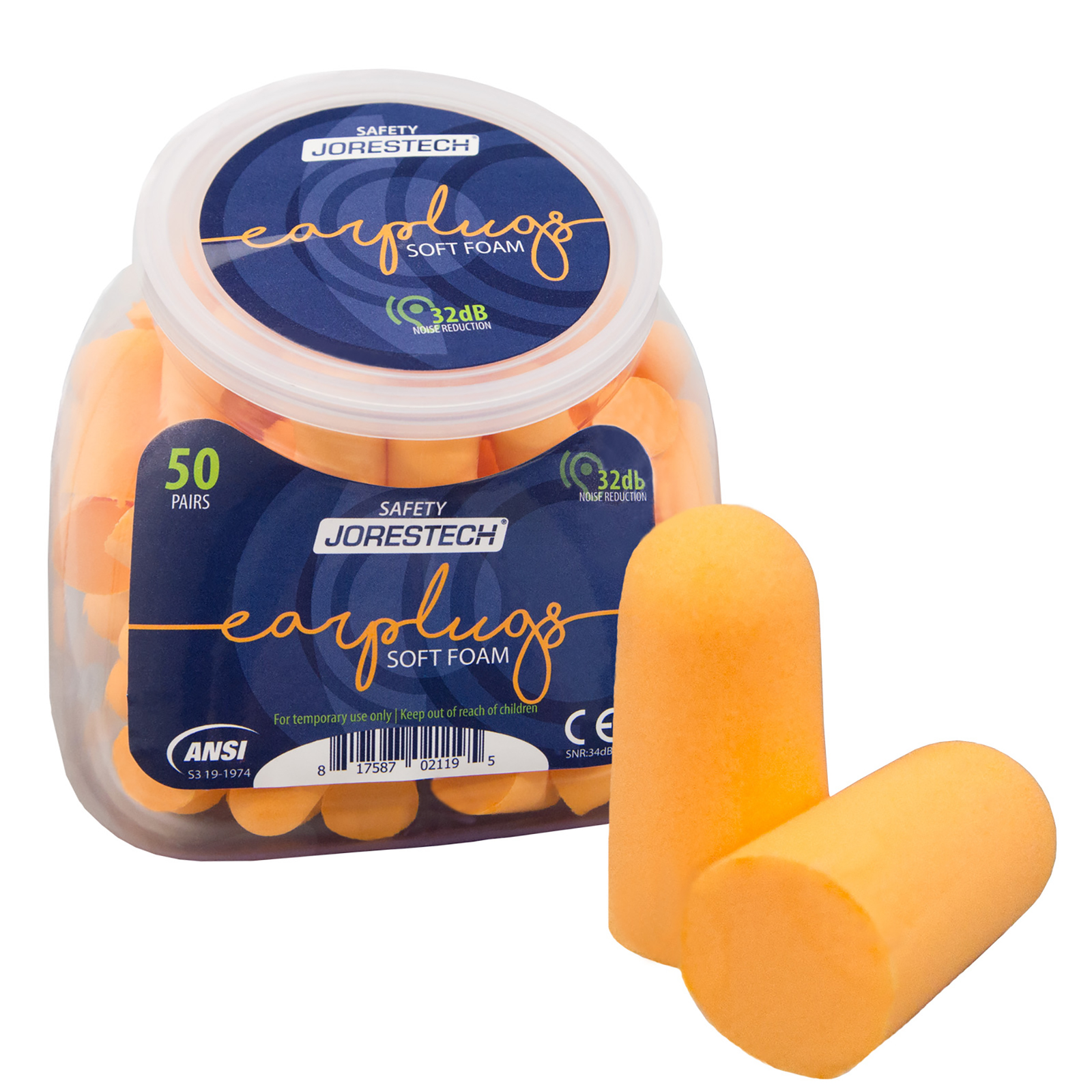 One transparent container filled with 50 pairs of orange JORESTECH ear plugs. 2 soft foam ear plugs are next to the container 