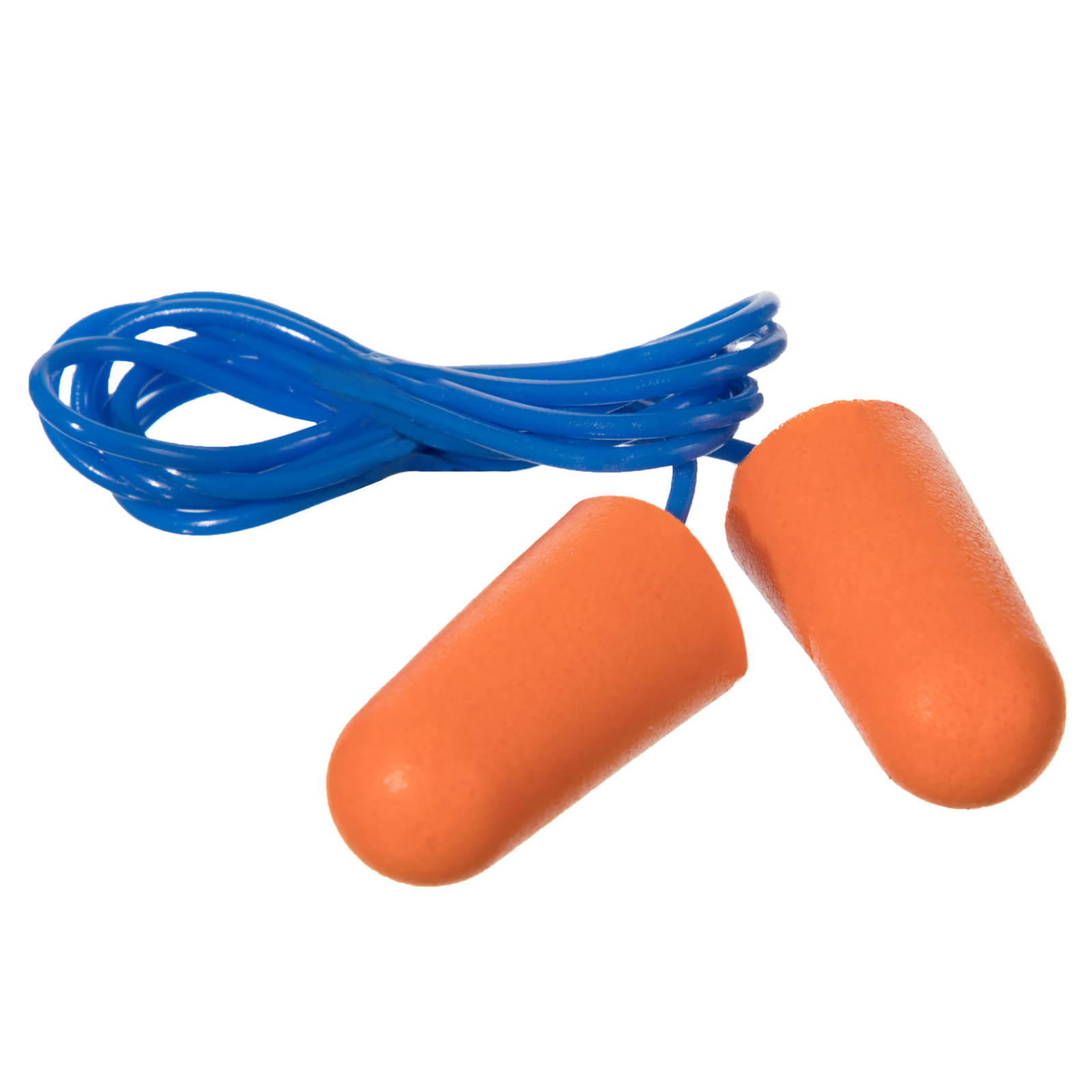 Close-up of one pair of JORESTECH ultra soft foam orange earplug with blue PVC cord