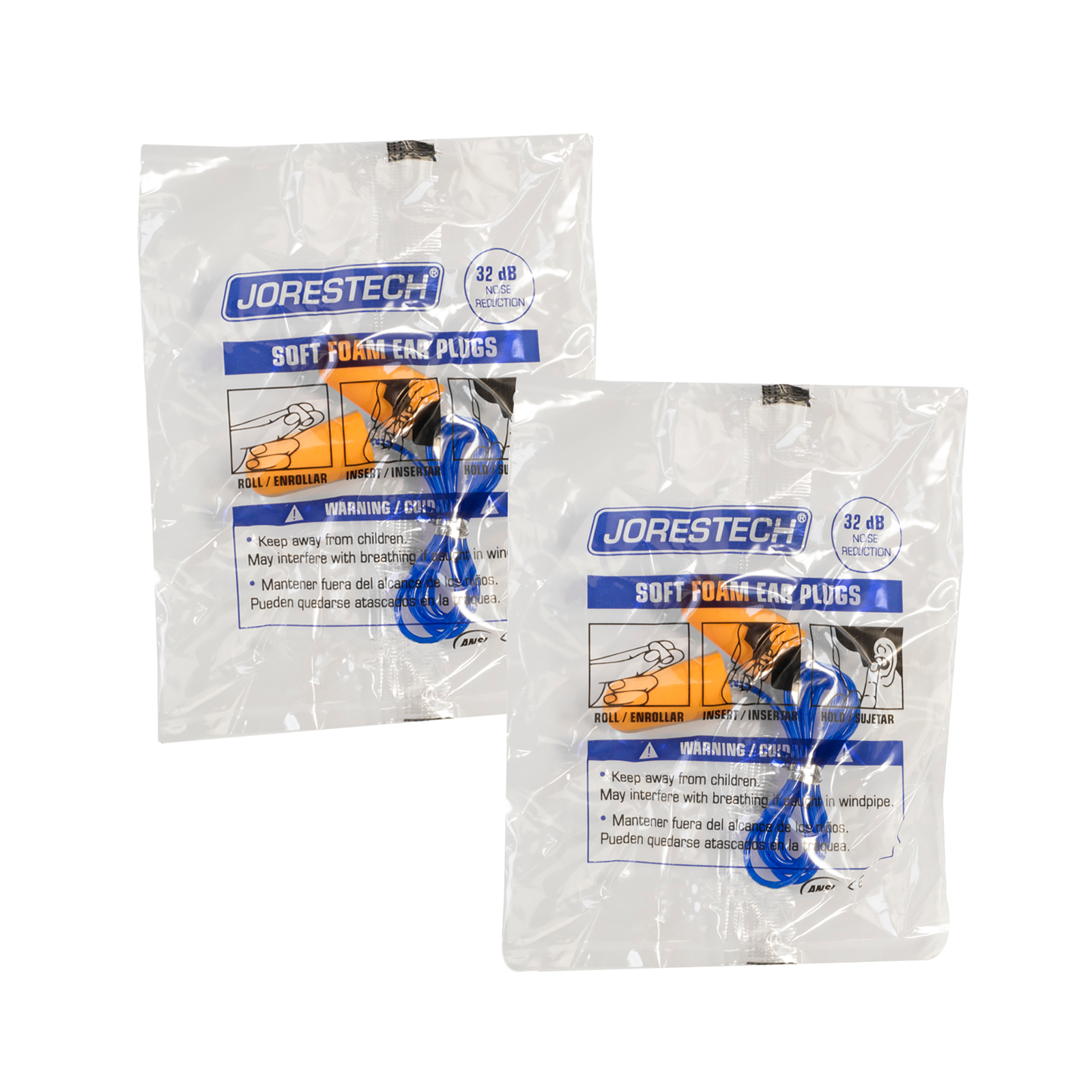 Close up of the individually packed JORESTECH 32DB NRR ear plug