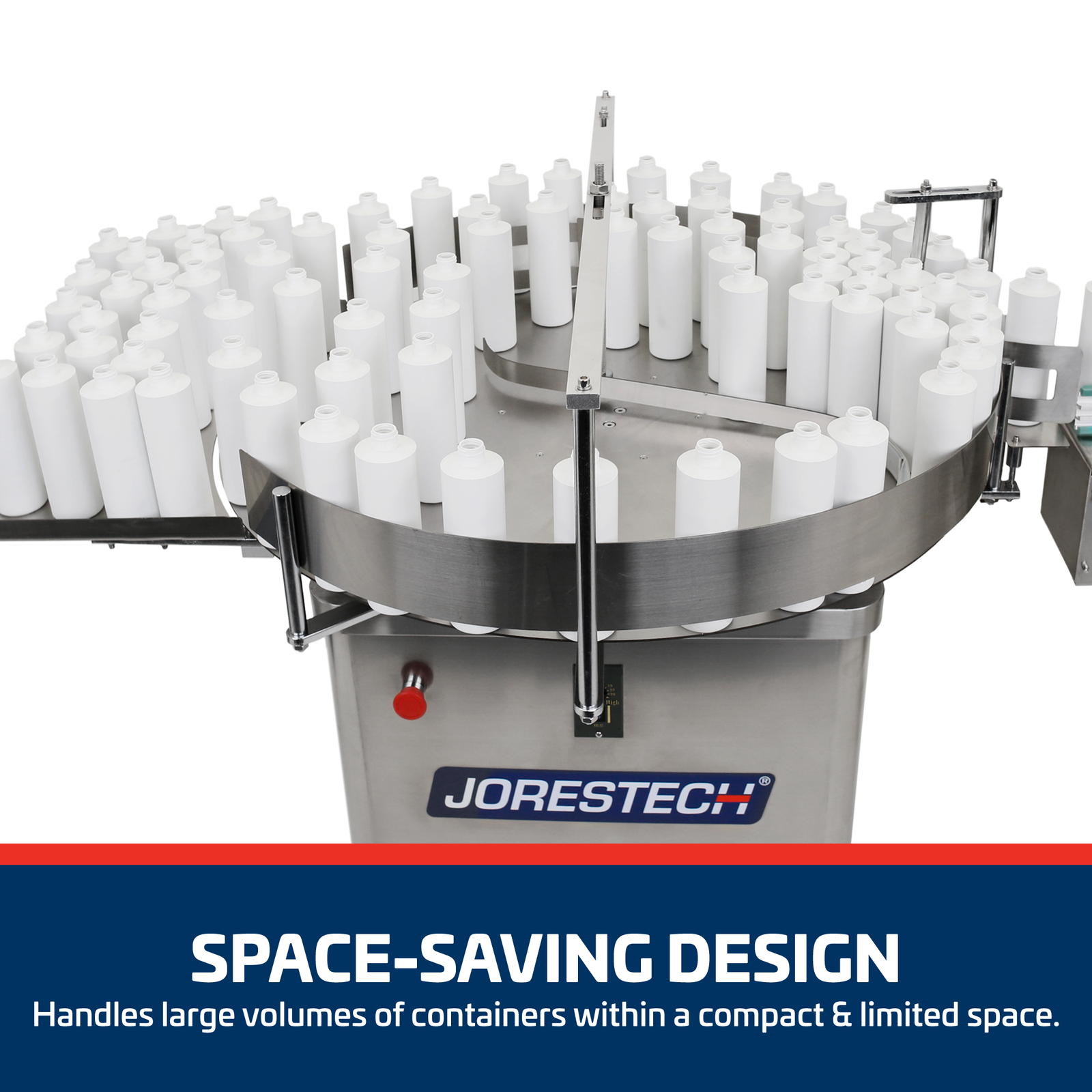 Top view of the 39 inch JORES TECHNOLOGIES® stainless steel rotary accumulation table and bottle unscrambler with a large number of white plastic bottles on top. Banner reads: Space Saving Design, handles large volumes of containers within a compact and limited space.