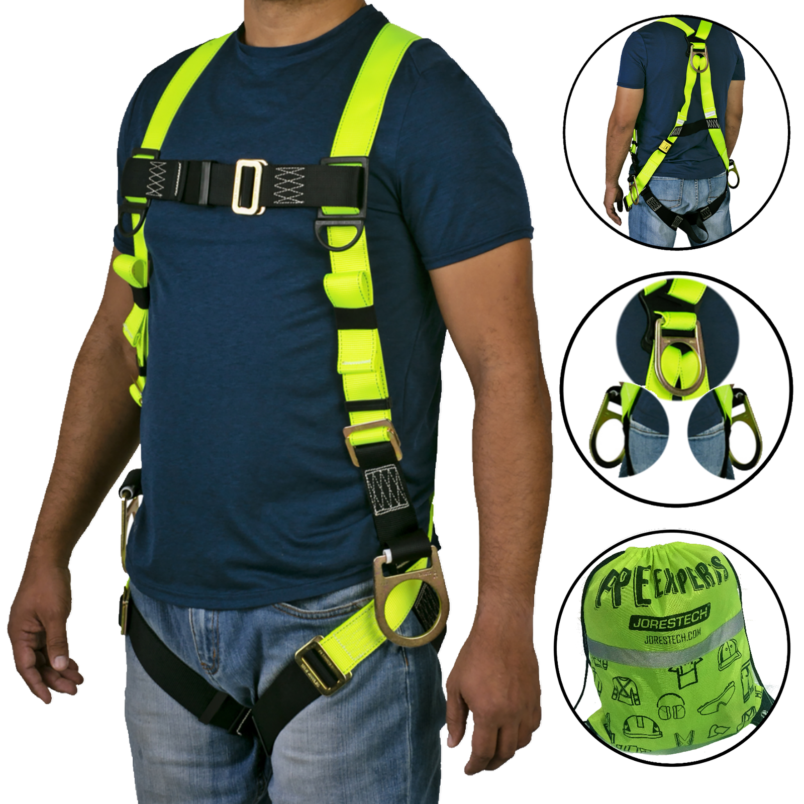 Front view of the torso of a person wearing the hi-vis yellow and black 3D fall protection safety body JORESTECH harness. Also show the back view of the same person wearing the harness wit 3 D rings,  a close up of each D ring and the hi-vis lime carry bag that is included to carry the harness