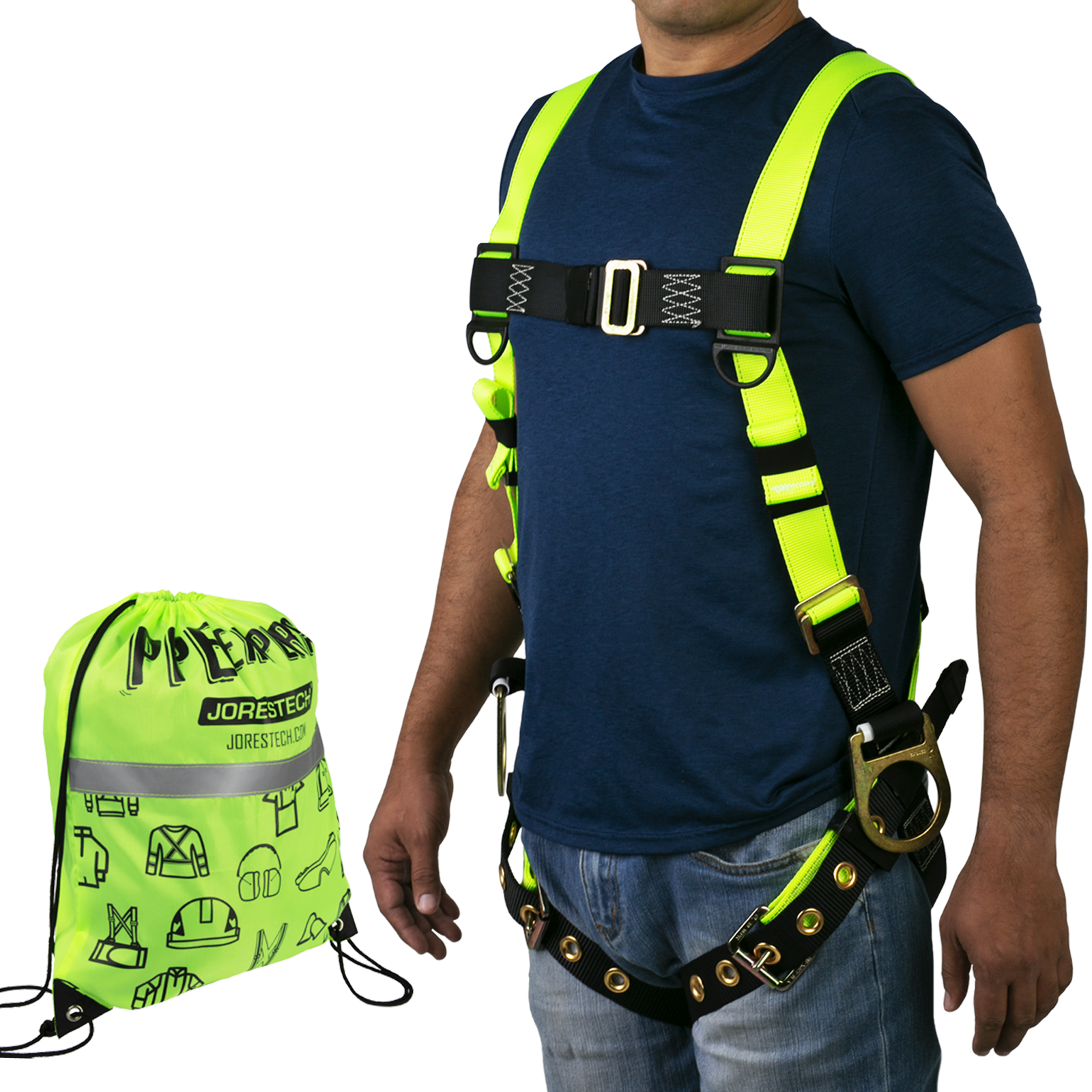 The full-body fall protection harness.