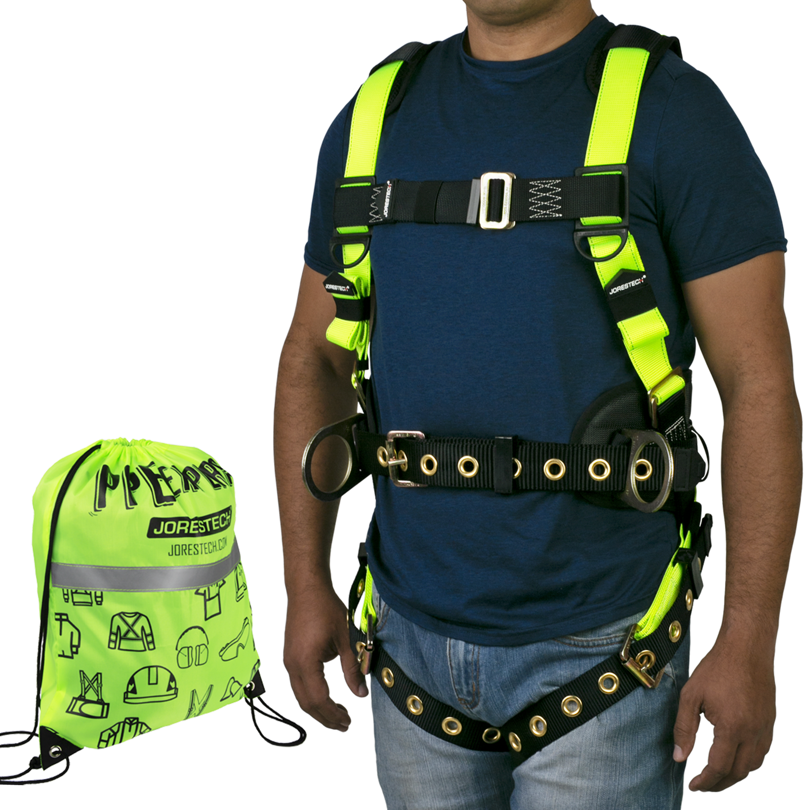 A person wearing a 3D fall protection safety body harness with grommets and back supports padding. Also shows the string bag which comes included with the safety harness