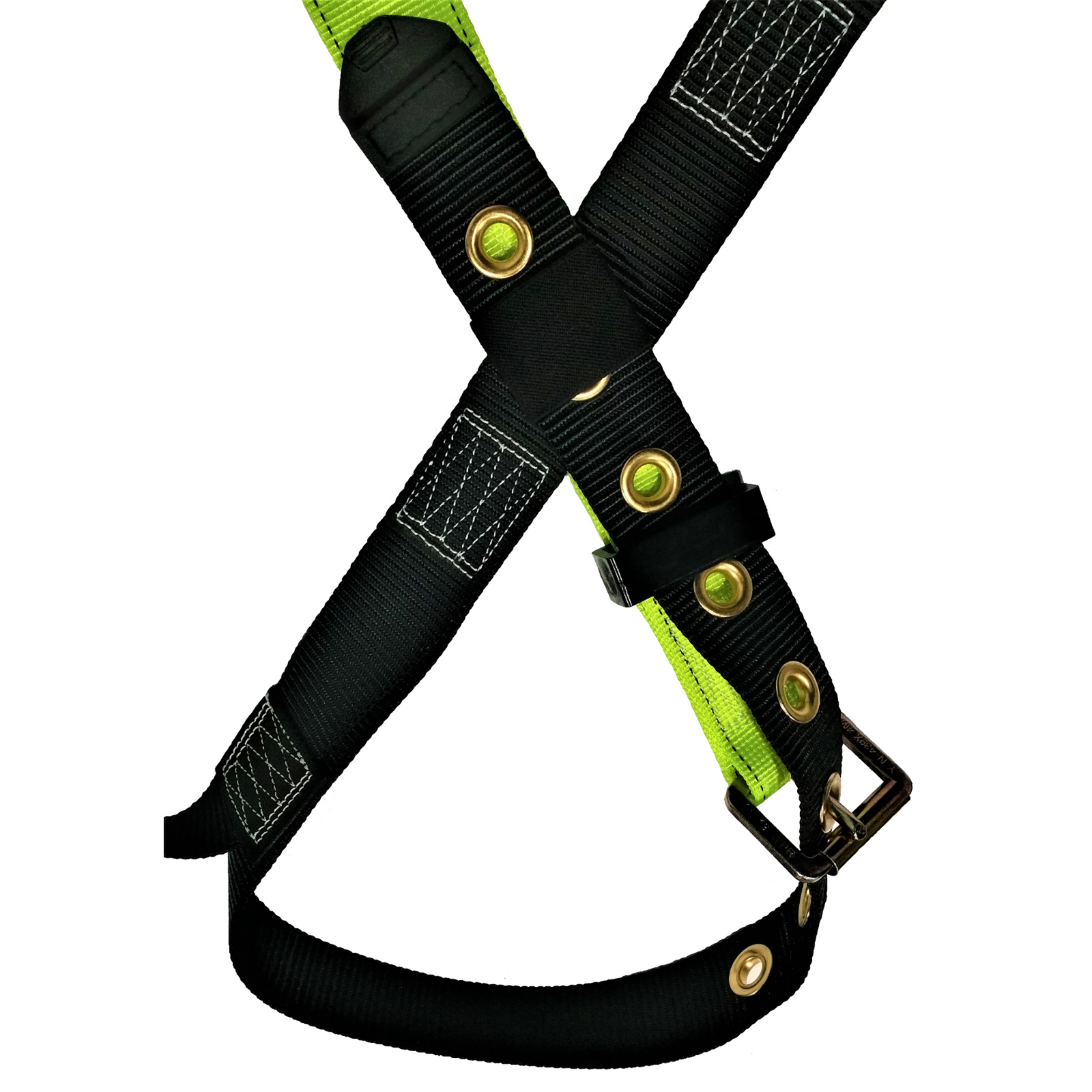 Show the 3D fall protection safety harness with grommets  and black strap with grommets