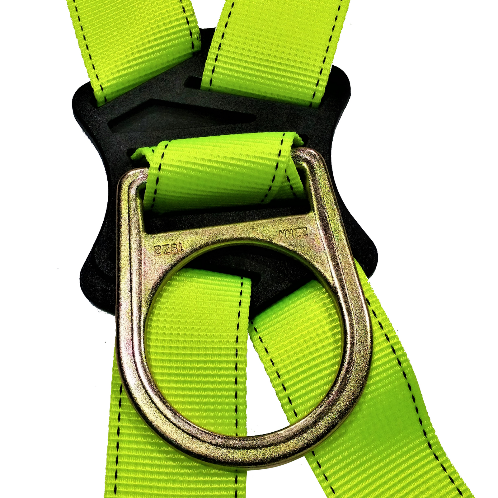 Close up of the heavy duty metal D ring of the fall protection harness located in the middle of the persons back when wearing the fall protection safety tower body harness with grommets