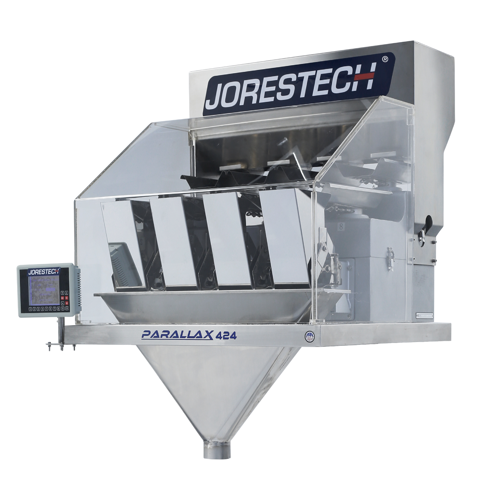The JORES TECHNOLOGIES® stainless steel 4 head linear weighing machine for packaging quantities of bulk and free-flowing products shown in a diagonal view