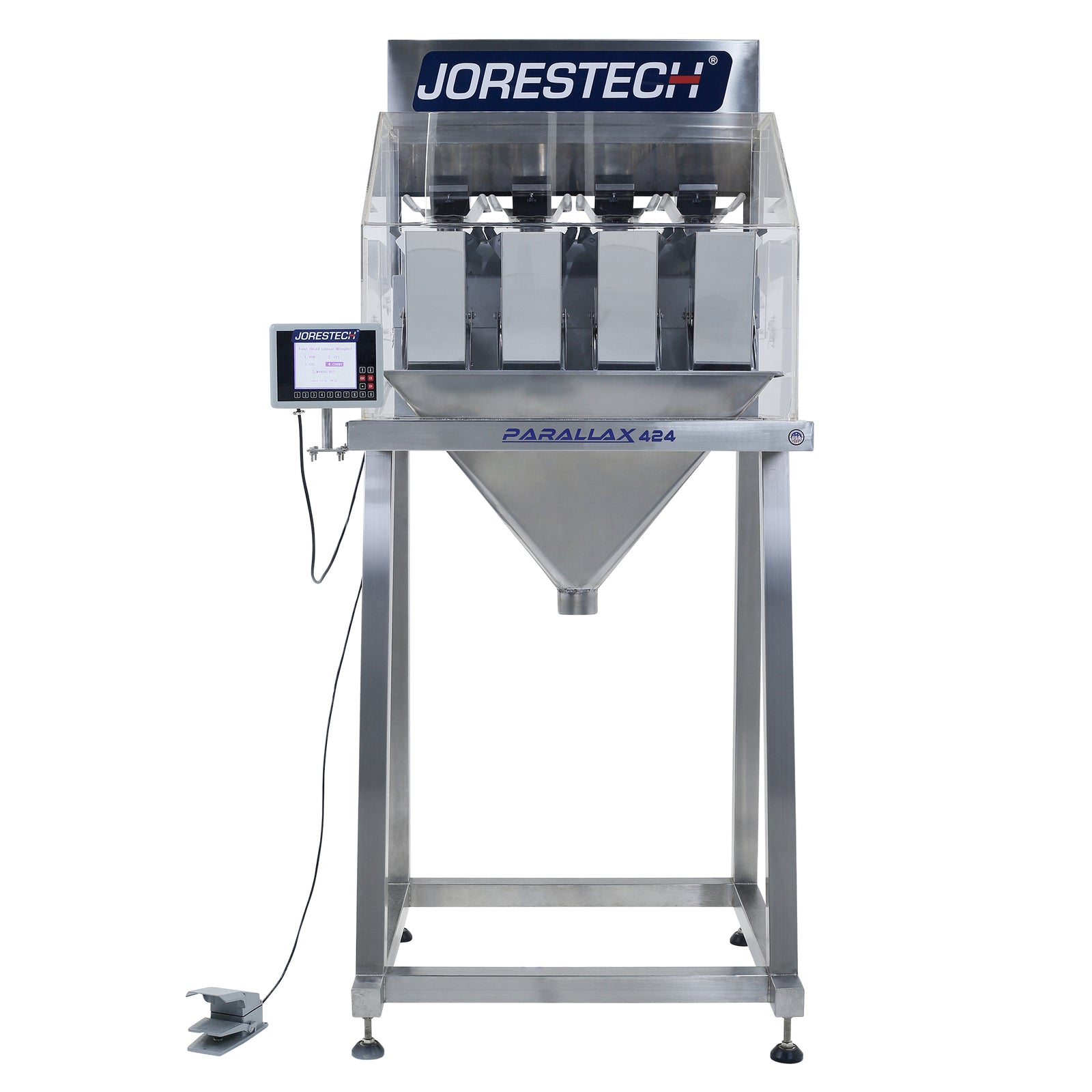 The JORES TECHNOLOGIES® stainless steel 4-head linear weigher shown in a frontal view placed in its stand
