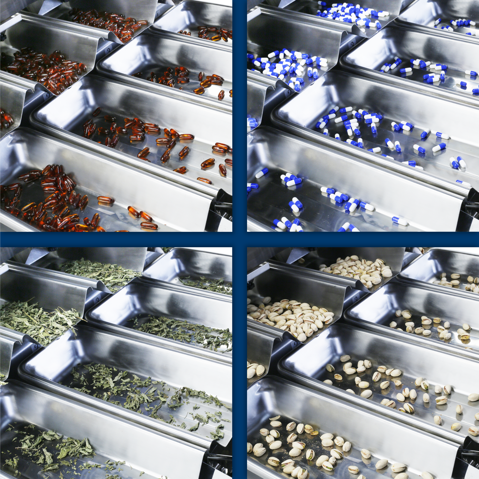 a composite banner divided in 4 showing different products that can be used with this lineas weigher:. Capsules, spices and pistachios are being transported by the vibrating trays