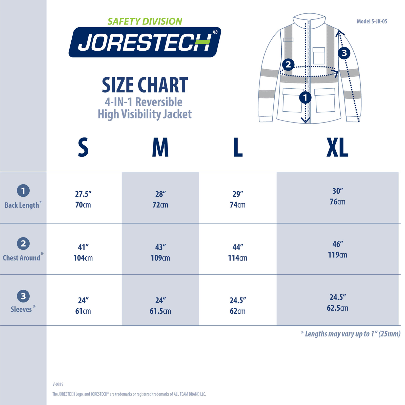 Size chart of the hi vis reversible safety jacket with removable sleeves and pink 