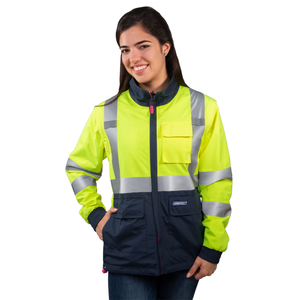 Woman wearing the JORESTECH safety jacket the yellow and gray combination side with reflective stripes