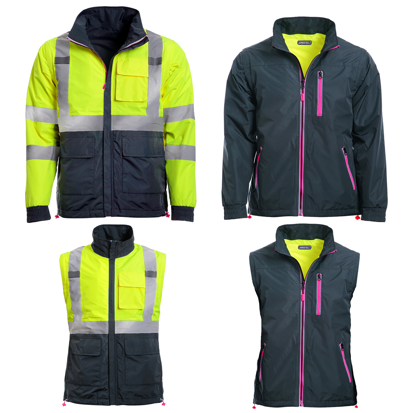 4 different looks are shown: 1 a reflective yellow JORESTECH safety jacket. 2 a reflective yellow safety vest. 3 a non reflective jacket with dark gray and pink details. 4 a no reflective vest with dark gray and pink details.