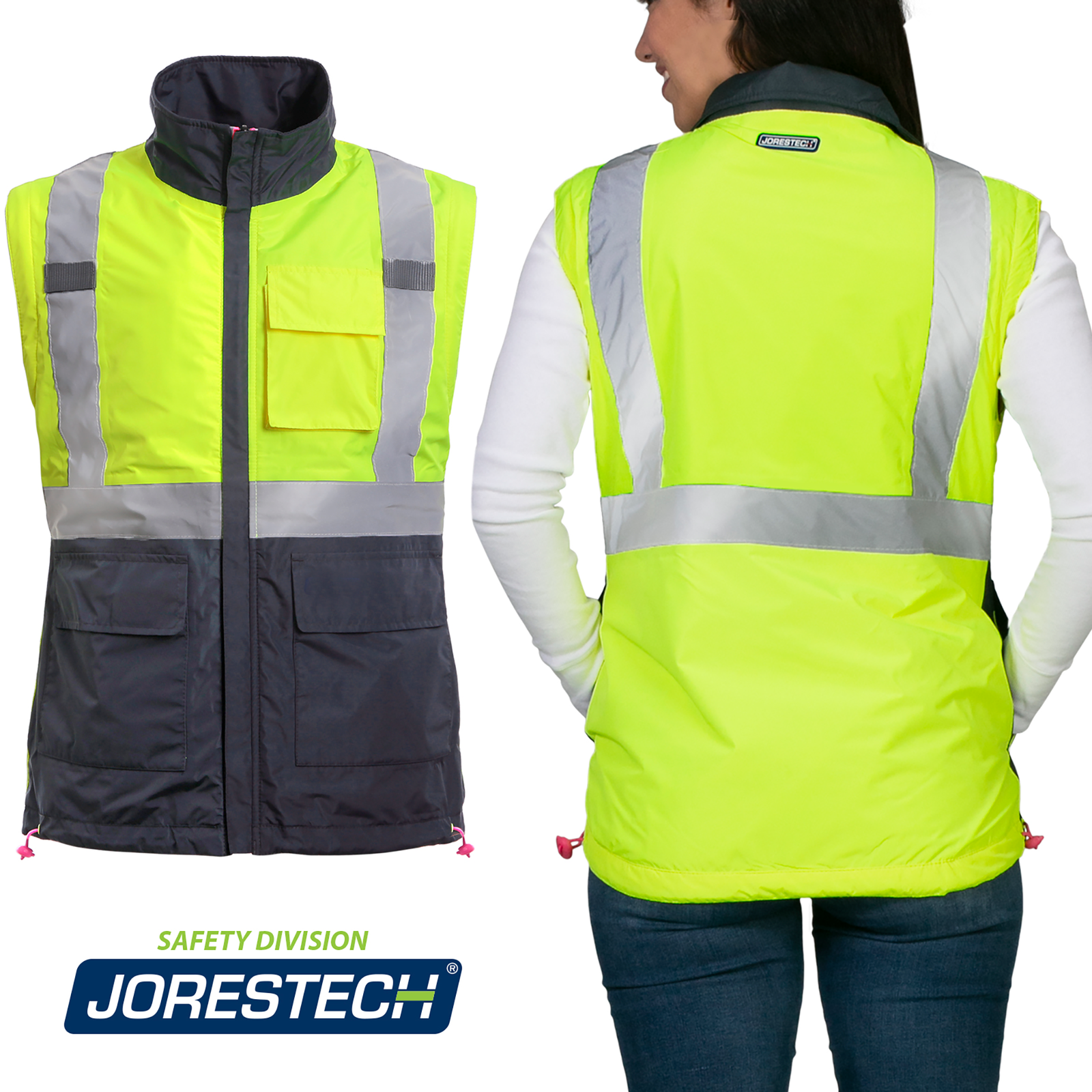 back view of a lady wearing the reflective vest of the 4 in 1 hi vis reflective safety wind breaker jacket