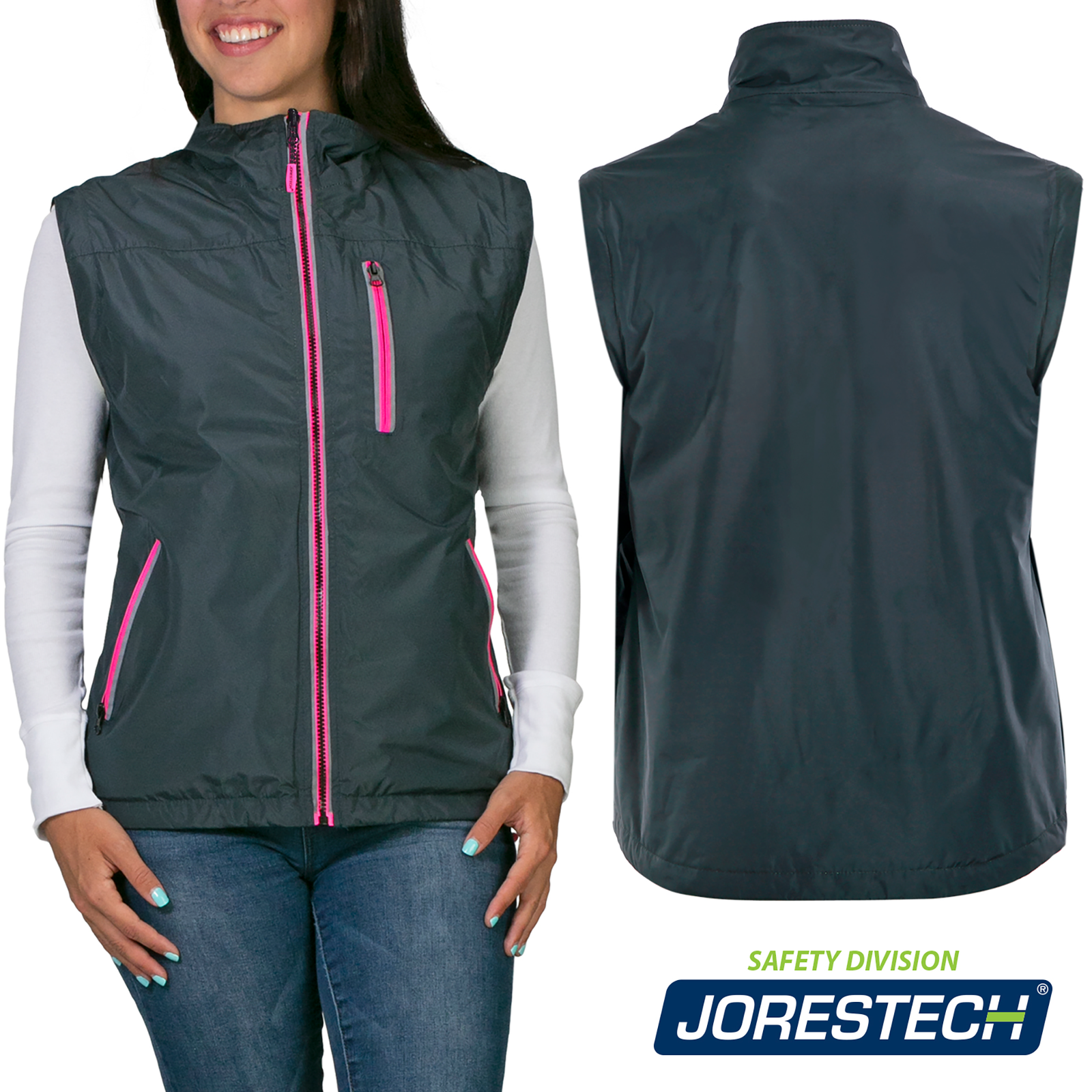 Lady wearing the non reflective combination of gray and pink in the vest version