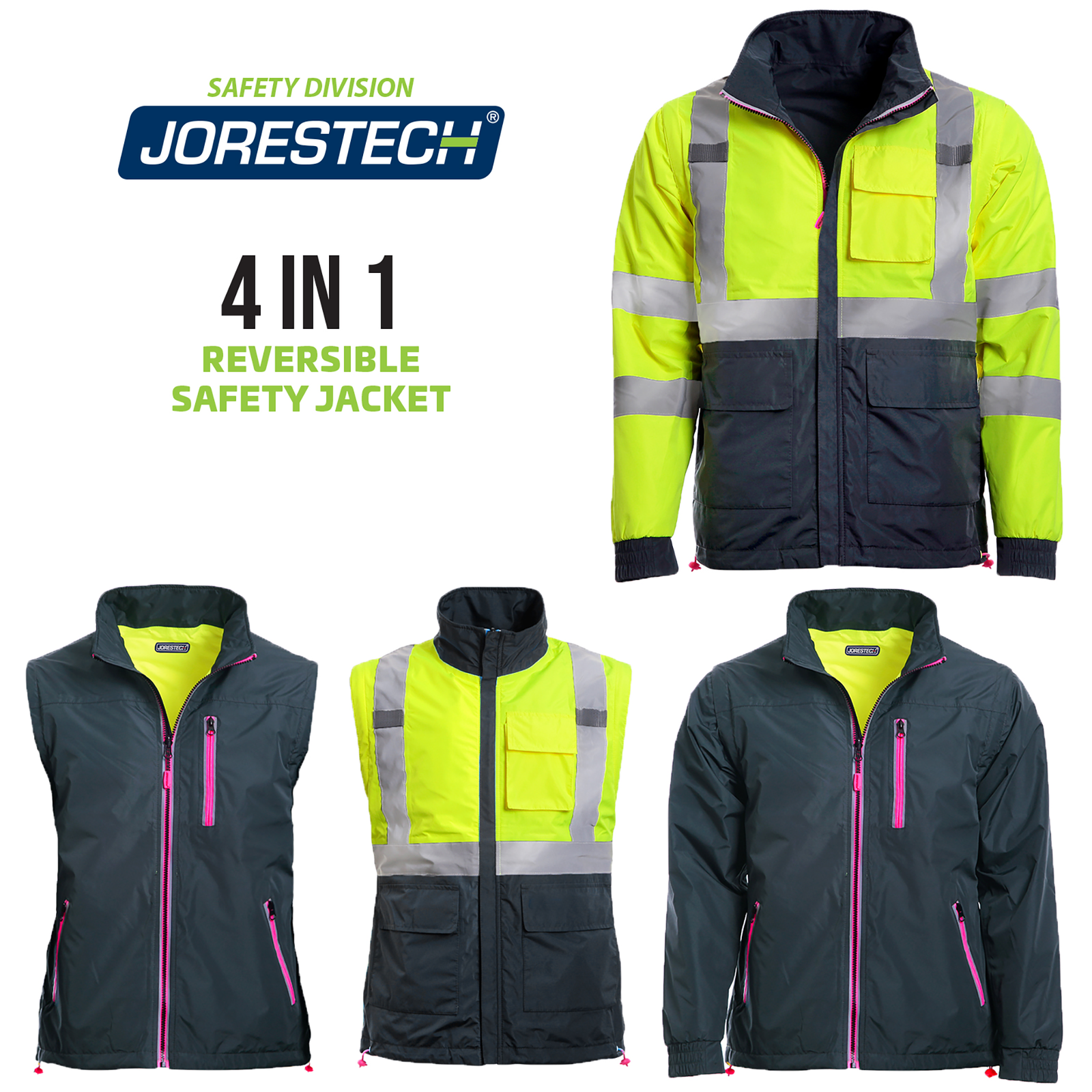 The 4 in 1 hi vis yellow and pink reversible safety jacket with removable sleeves .  Features views of the jacket showing: the reflective jacket. A reflective vest. A non reflective side as a vest. A non reflective jacket. Text reads 4 in 1 reversible safety jacket and vest.