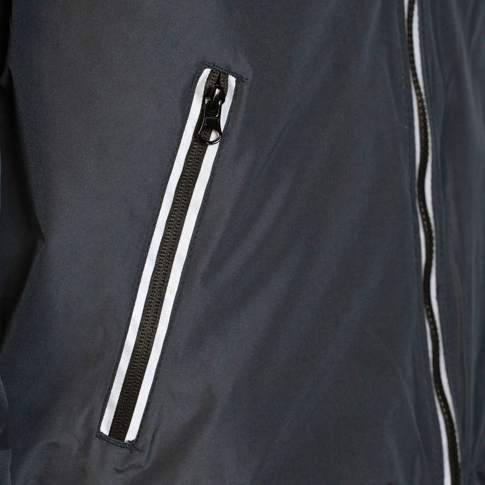 Close up of the non reflective fabric and a chest zippered pocket