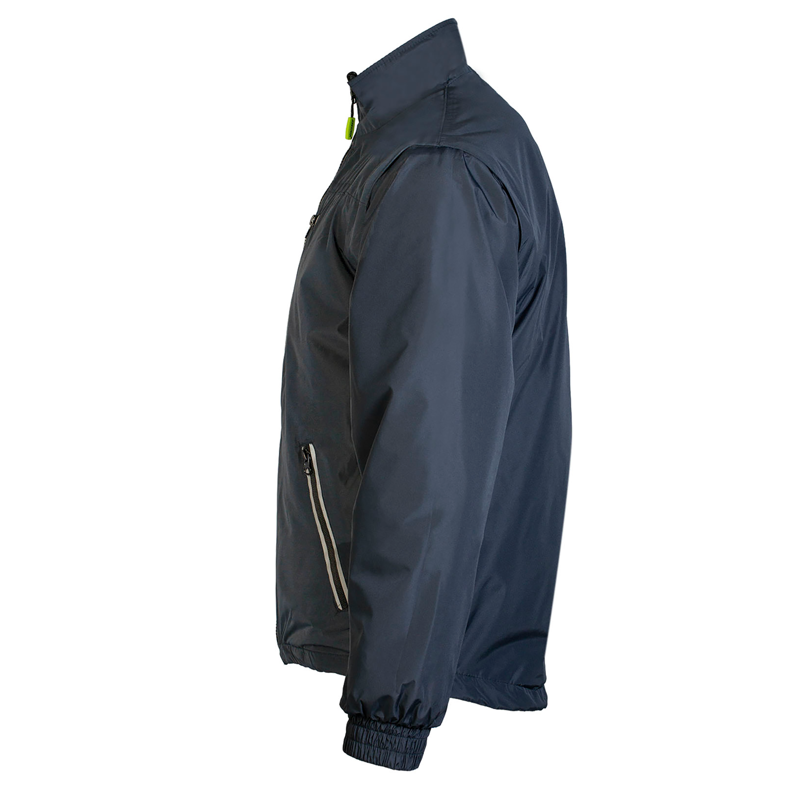 Side view of the 4 in 1 hi-vis reversible JORESTECH safety jacket with removable sleeves. Shows the non reflective dark gray side of the jacket