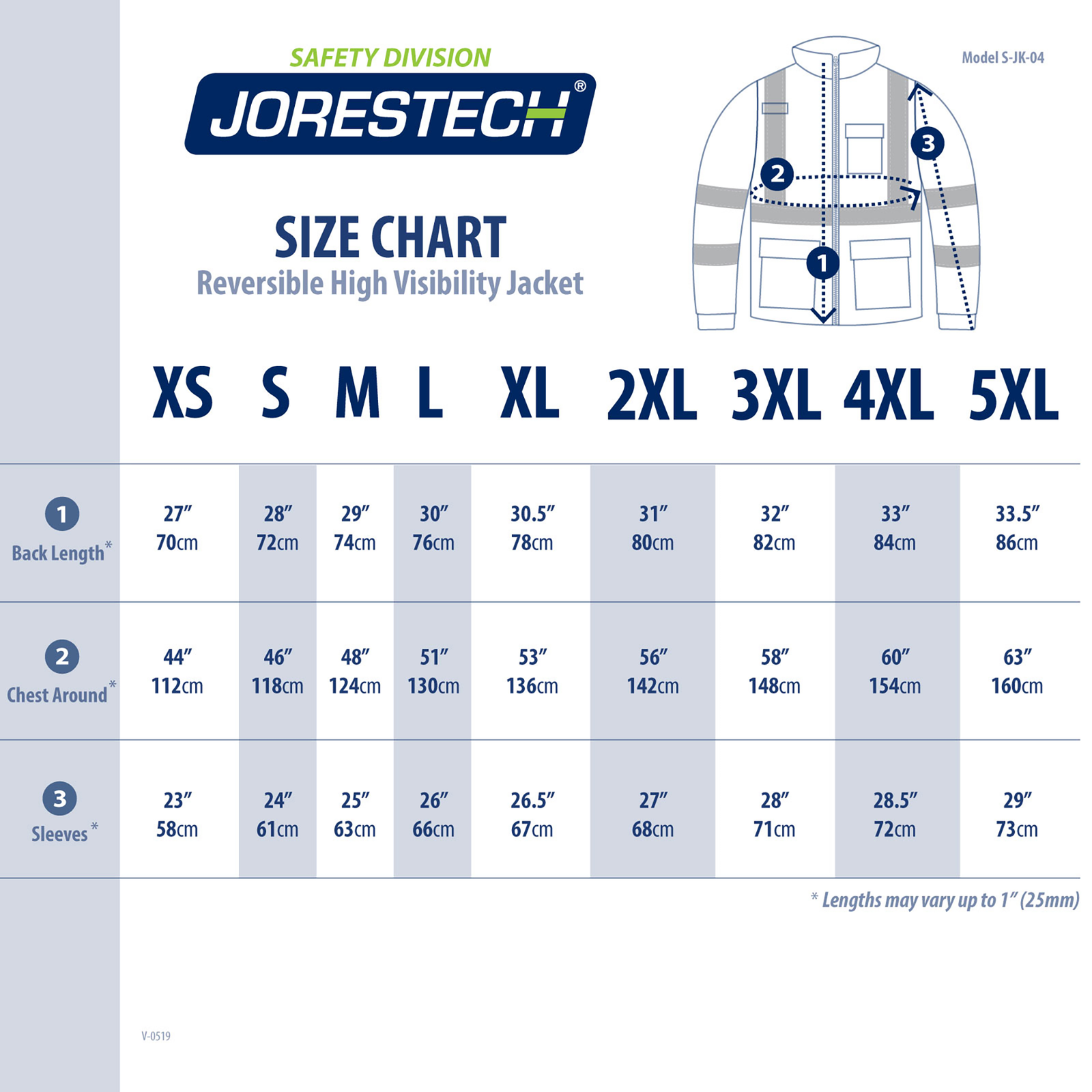 Size chart of the 4 in 1 hi vis reversible safety jacket with removable sleeves