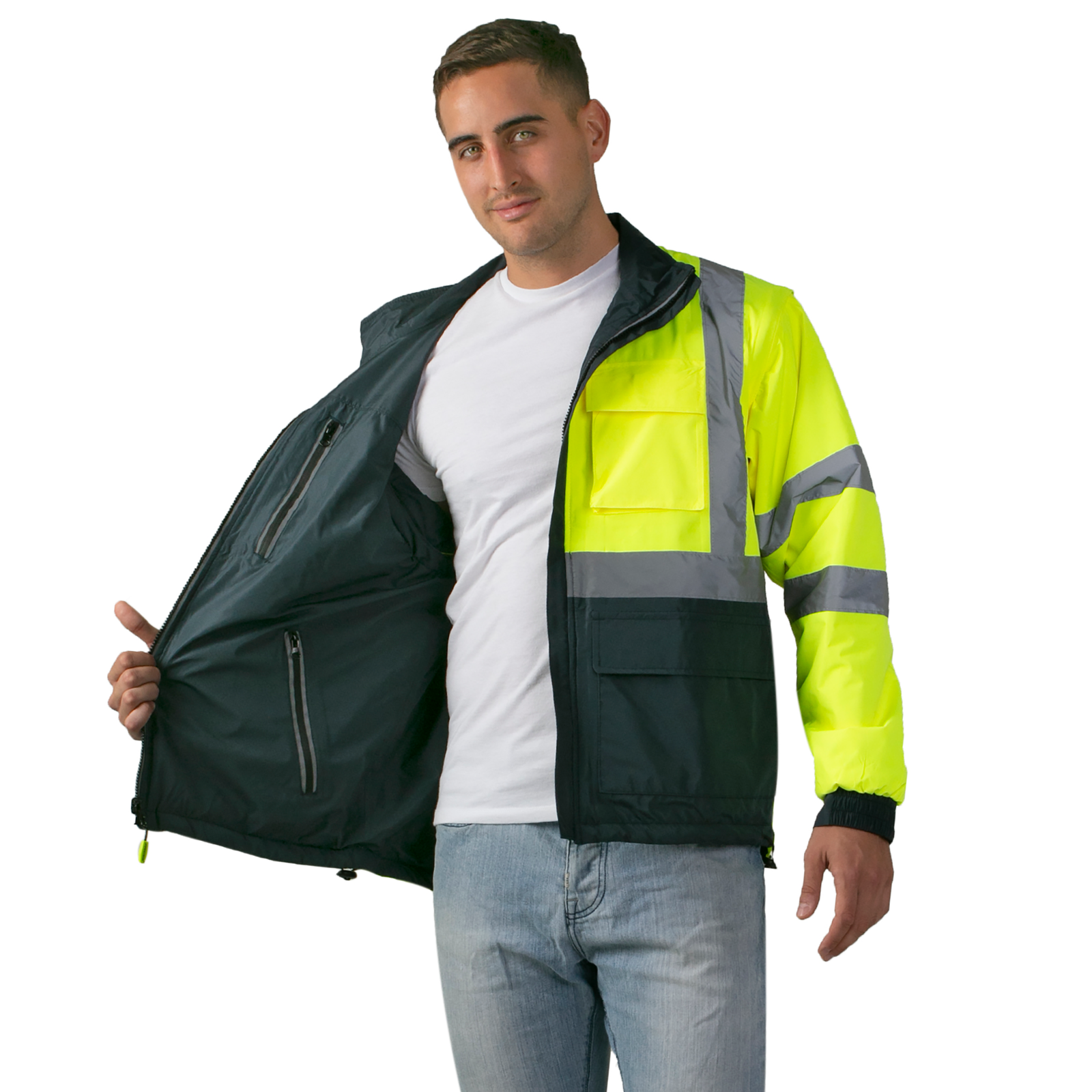 Man wearing the reflective side of the ANSI safety jacket