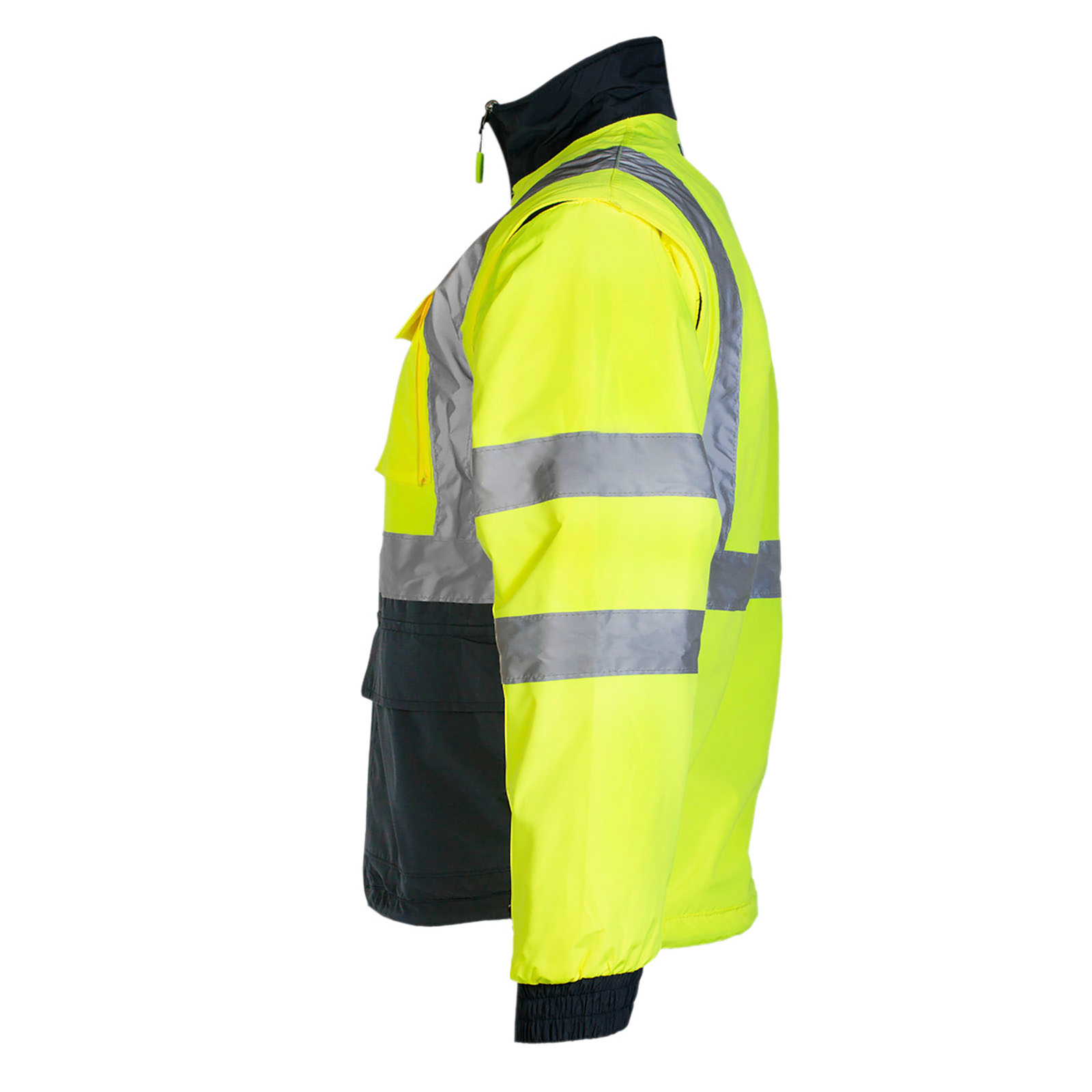 Side view of the 4 in 1 yellow high vis reversible JORESTECH safety jacket with removable sleeves