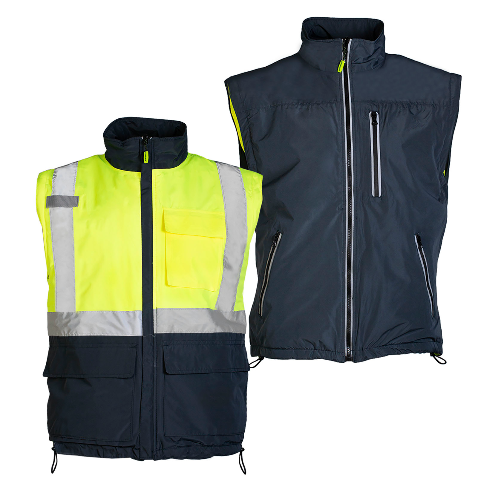 Shows 2 vest one reflective and one non reflective. This is how the safety jackets looks once the sleeves are removes