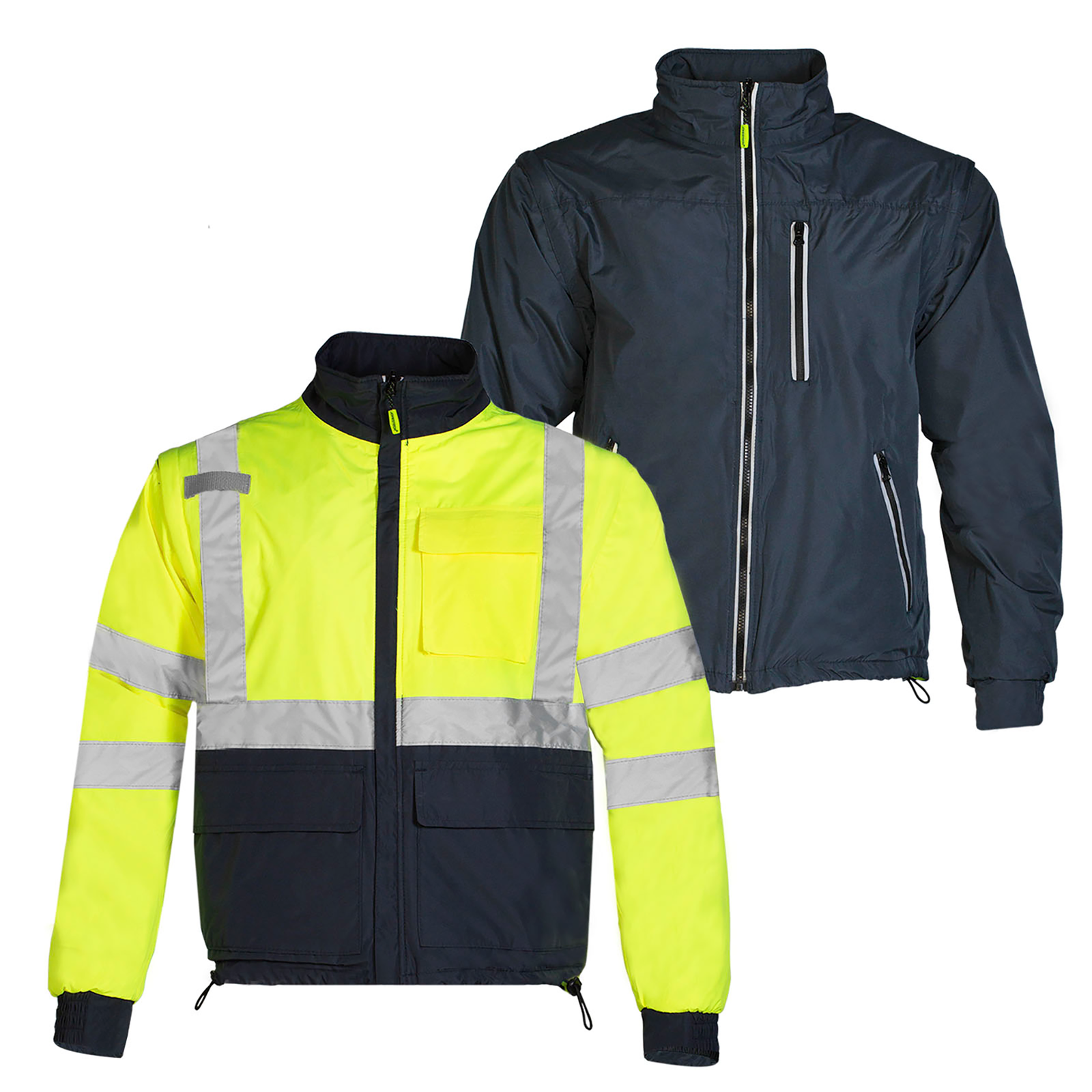 Show the reversible safety jacket seen from the reflective and from the non reflective sides