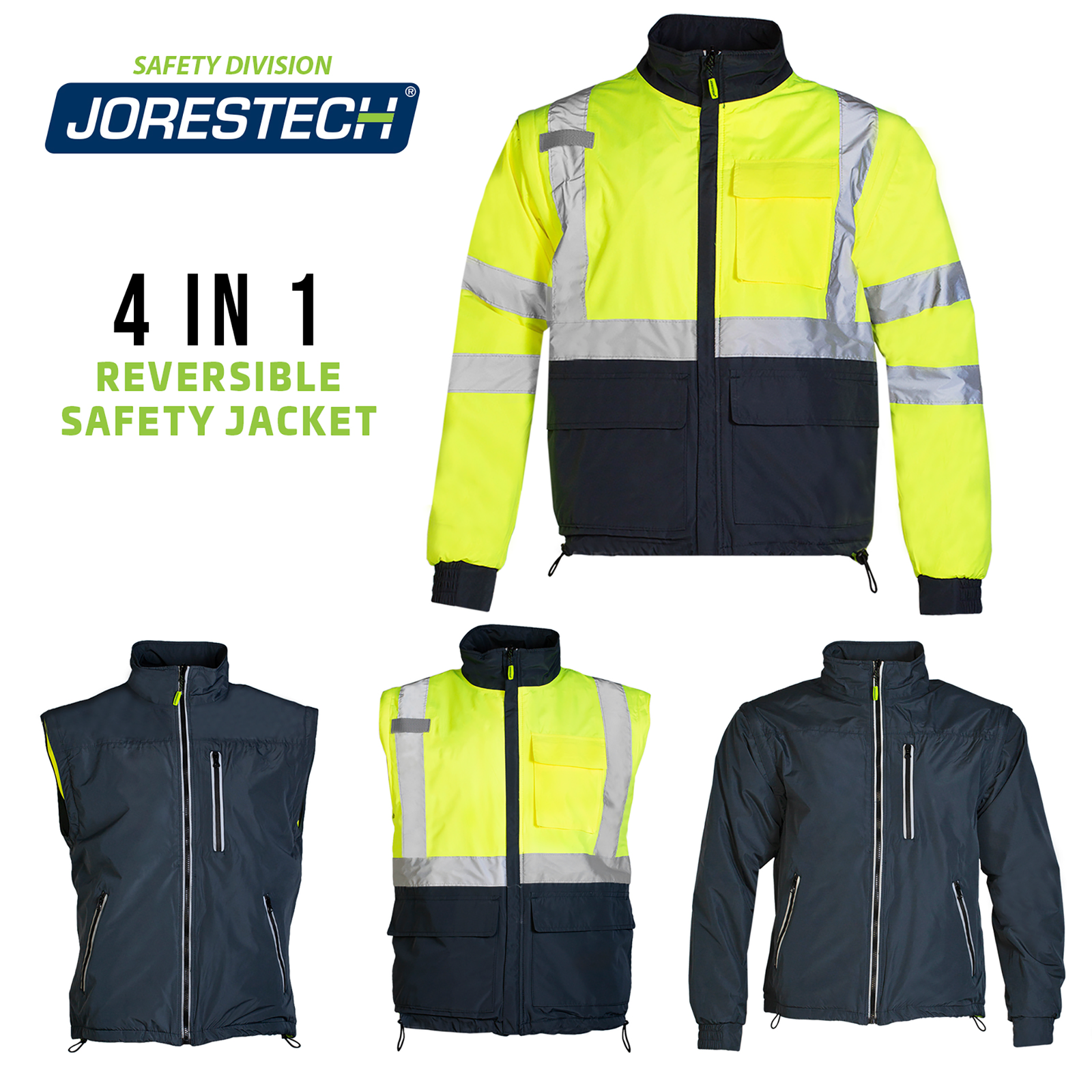 The 4 in 1 hi vis reversible safety jacket with removable sleeves .  Features views of the jacket showing: the reflective jacket. A reflective vest. A non reflective side as a vest. A non reflective jacket. Text reads 4 in 1 reversible safety jacket and vest.