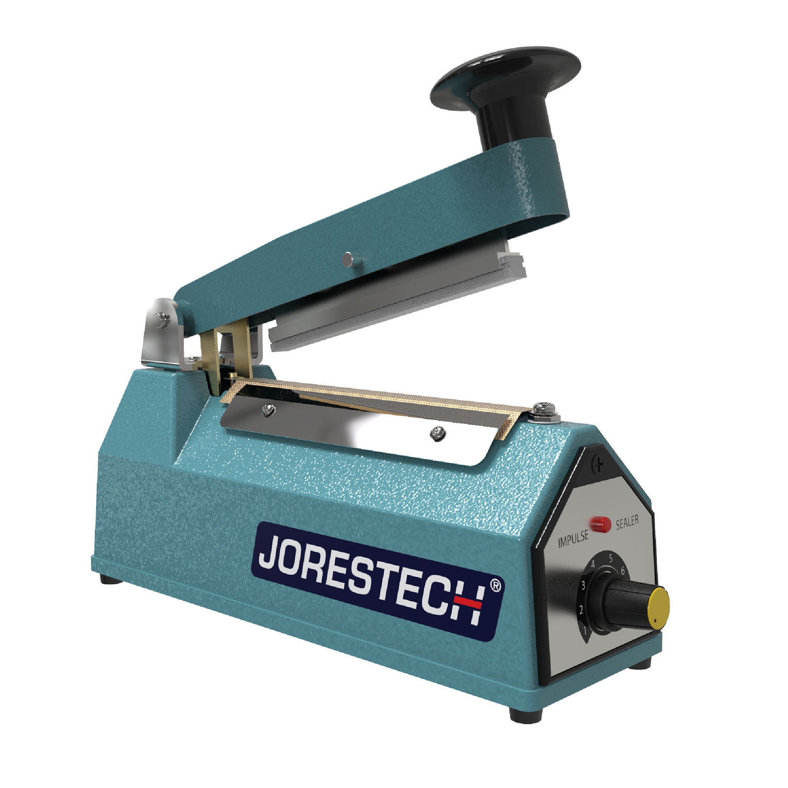 4 Inch manual impulse sealer machine. Bag sealing machine is shown with open jaw and JORES TECHNOLOGIES® logo