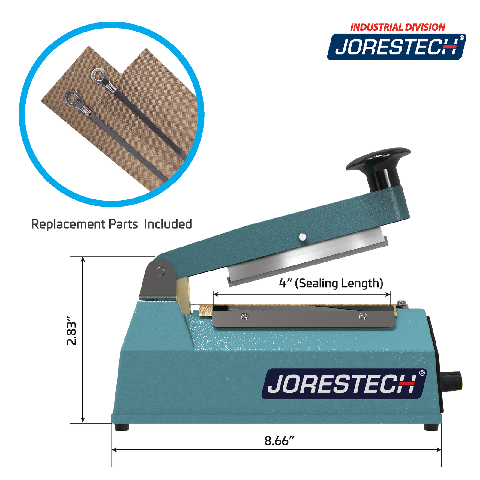 Infographic shows blue JORESTECH manual impulse sealer with machine measurements. Highlighted feature reads 