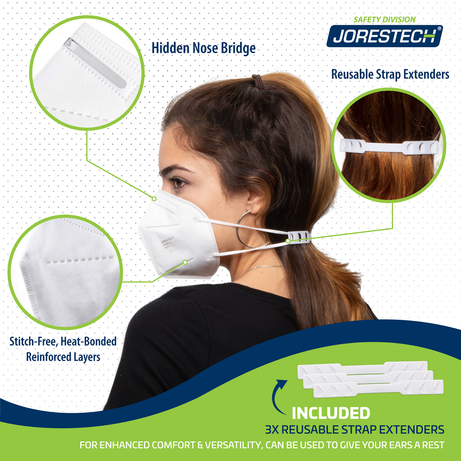 Woman wearing a JORESTECH safety mask and using the reusable straps extenders. Call outs with text read: Soft hidden nose bridge, stitch-free heat bonded reinforced layers. 3 reusable strap extenders included for enhanced confort and versatility, can be used to give your ears a rest.