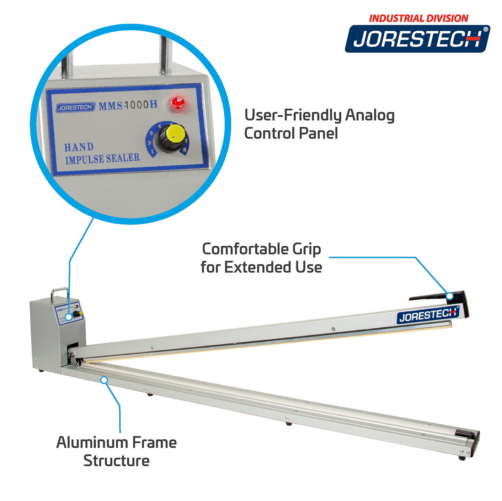 40 inch manual bag impulse heat sealer. Features include, aluminum frame structure, user friendly analog control panel, and comfortable grip for extended use. Close-ups of the control panel