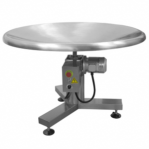 stainless steel rotary accumulating table with red emergency stop bottom and yellow warning label