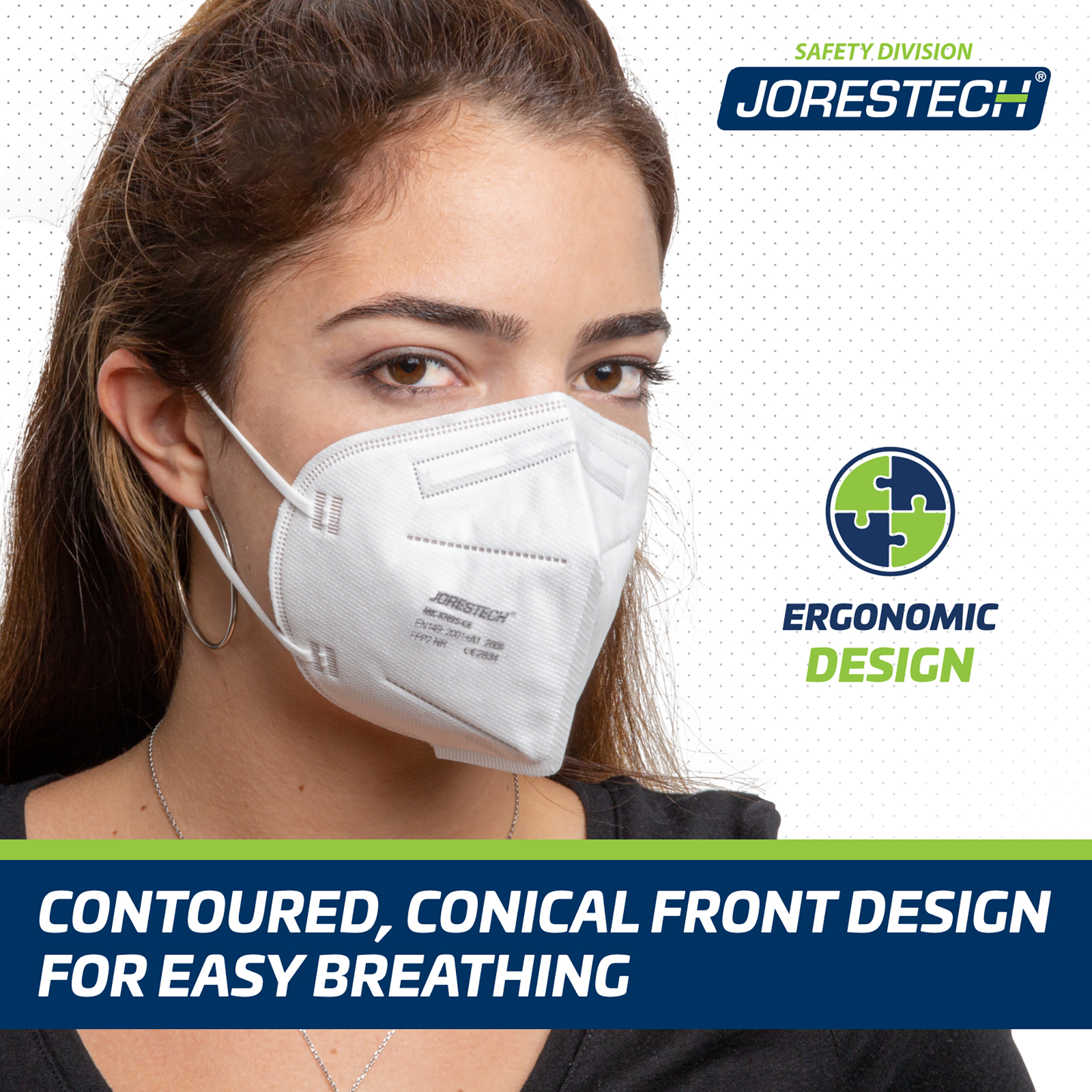  Woman wearing a safety mask and an icon with text that reads: ergonomic design.