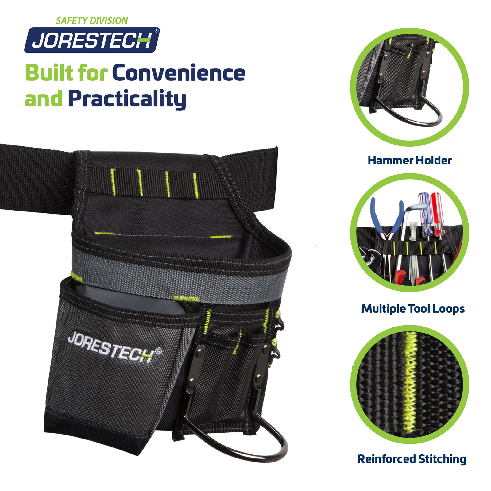 Left side of the banner shows the 5 Pocket Tool Belt Pouch with Hammer Holder. On the right side there are 3 closeups that show: the hammer holder, multiple tool loops and the reinforced lime color stitching. A title reads: Built for convenience and practicality.