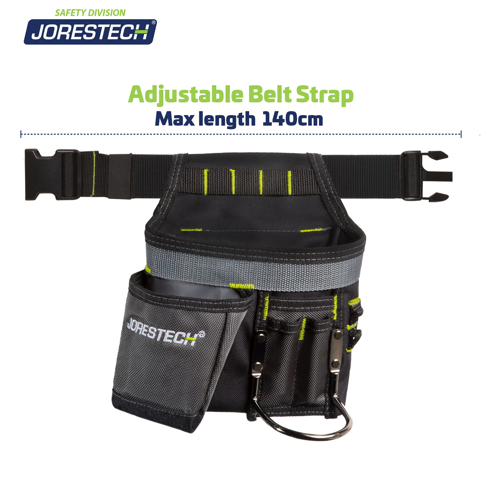 Front view of the 5 Pocket Tool Belt Pouch with Hammer Holder with the waist band open and each measurements. Text in green and blue letters reads: adjustable belt strap max length 140 cm