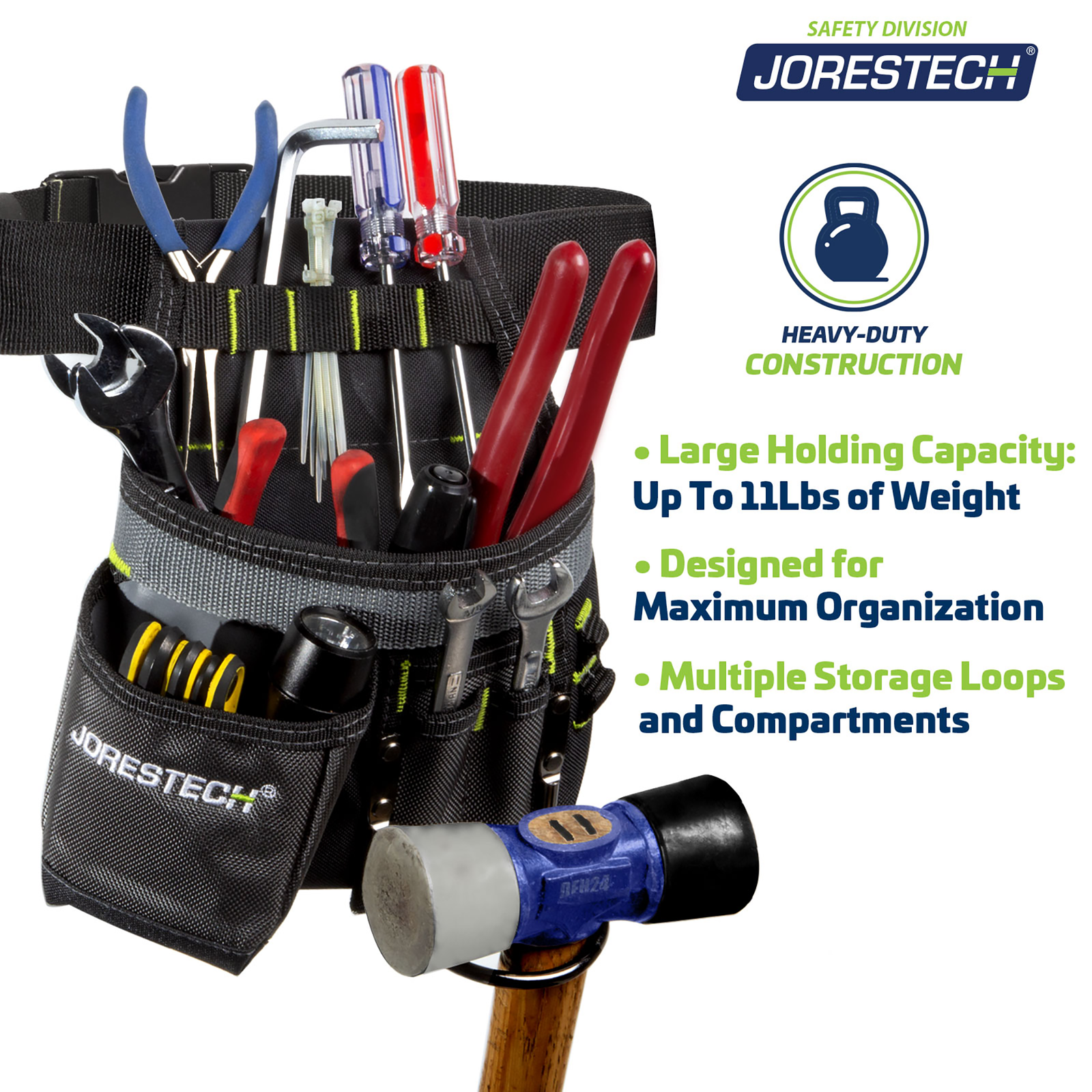 Front view of the 5 Pocket Tool Belt Pouch with Hammer Holder filled with tools of different kind. Text reads heavy duty construction, holding capacity up to 11lbs of weight. designed for maximum organization. multiple storage loops and compartments.