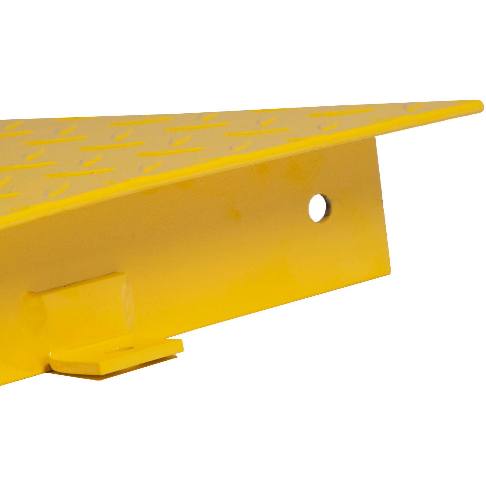 Detail shot of a yellow metallic approach ramp's lateral fastener