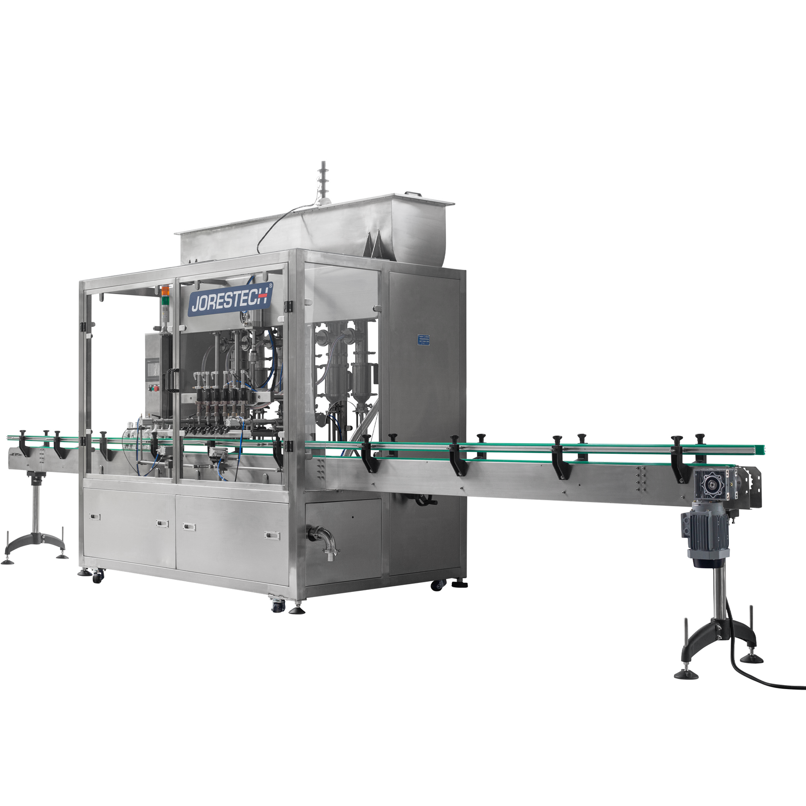 diagonal view of the jorestech 6 head inline piston filling machine with conveyor over white background
