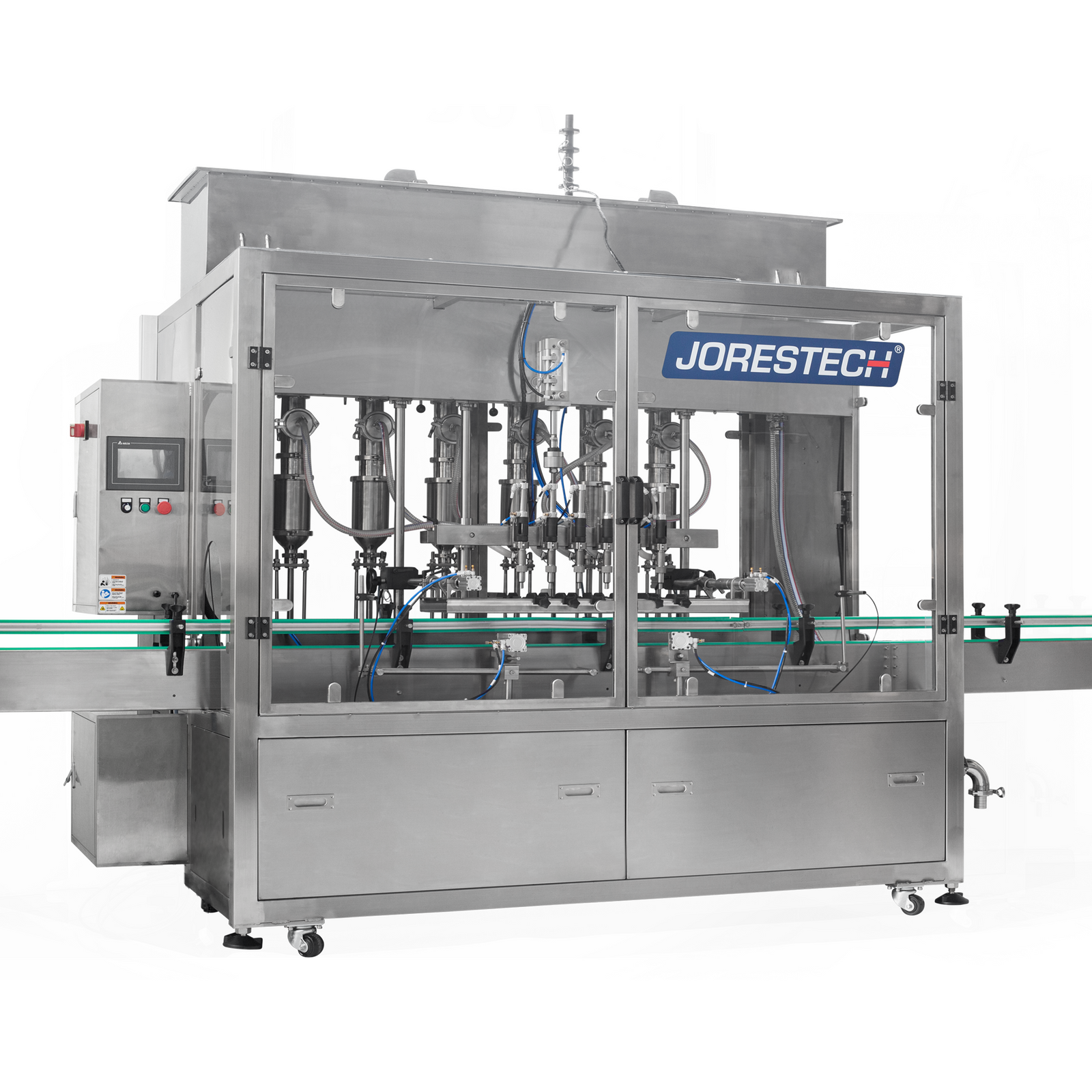 Frontal image of the 6 head stainless steel inline JORESTECH piston filling machine with conveyor over white background