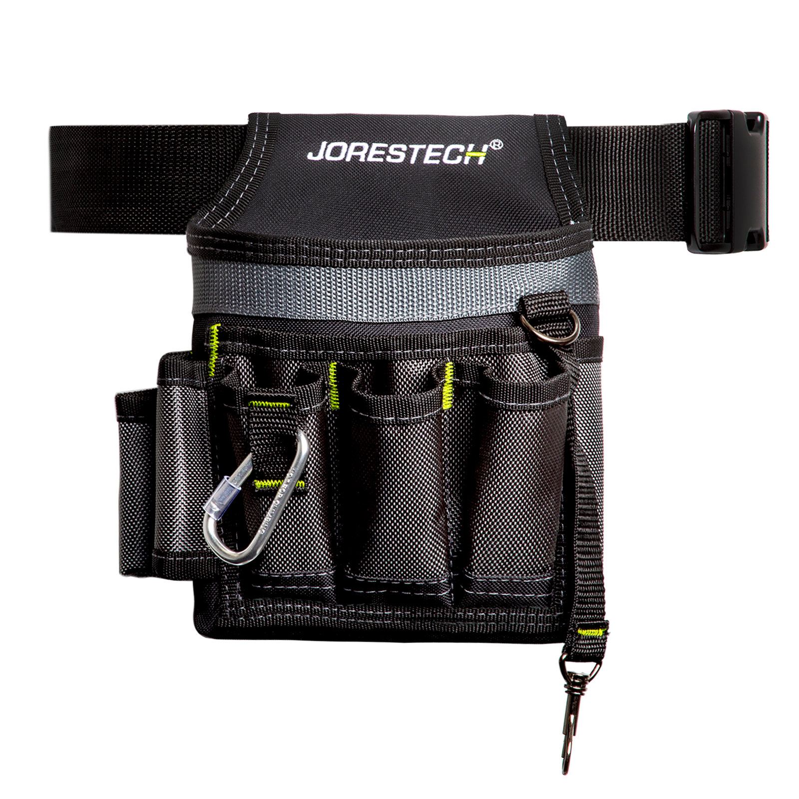 Front view of the black and gray 6 pocket JORESTECH tool belt pouch with reinforced lime stitching