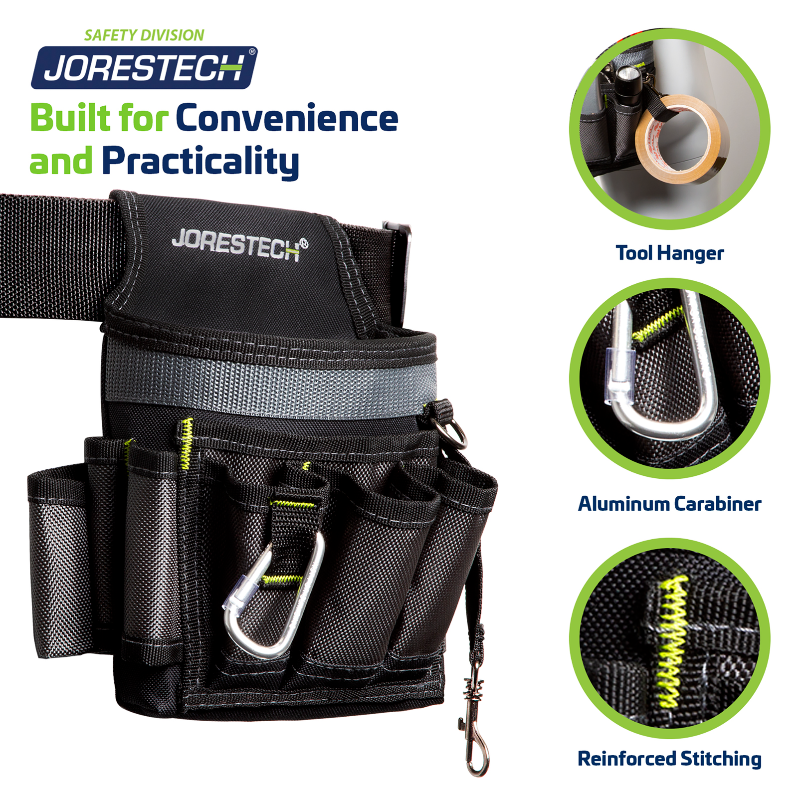 Black and gray 6 pocket JORESTECH tool belt pouch positioned on the left side. Title reads: built for convenience and practicality. 3 closeups on the right show:  the tool hanger, the aluminum carabiner and the reinforced hi-vis lime sticking