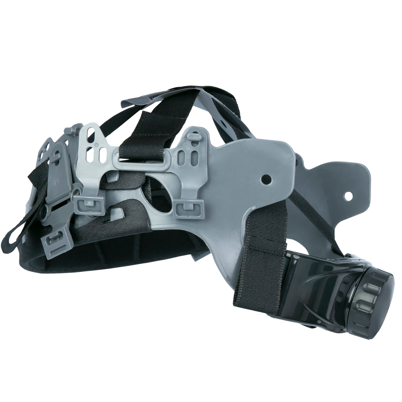 Side view of the gray and black 6 point ratchet suspension replacement system for JORESTECH hard hat 03