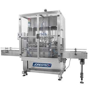The JORESTECH 6-head inline gravity filling machine shown in a 3/4 view over white background