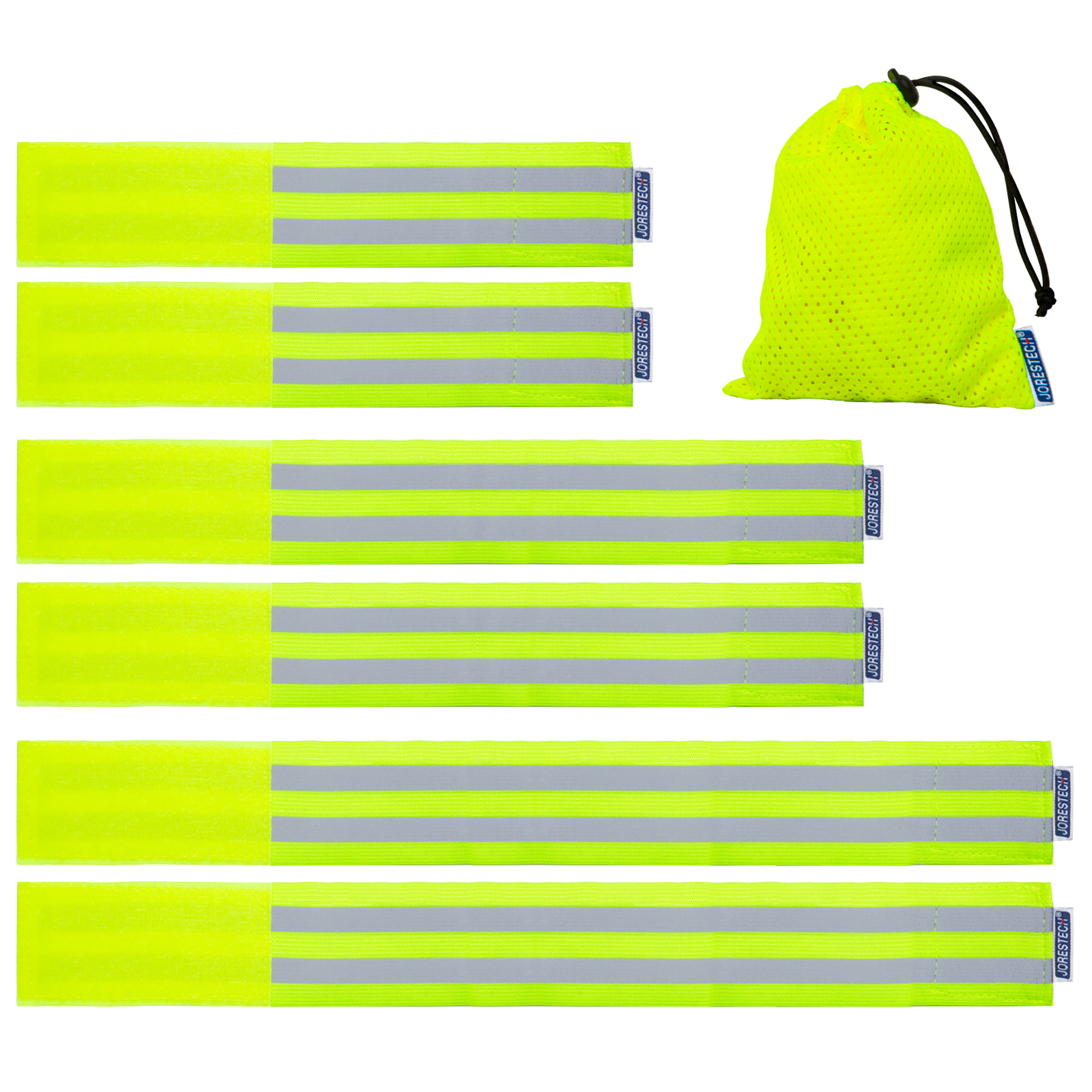 6 Hi vis reflective safety bands of different sizes and a small mesh bag for storage and transportation