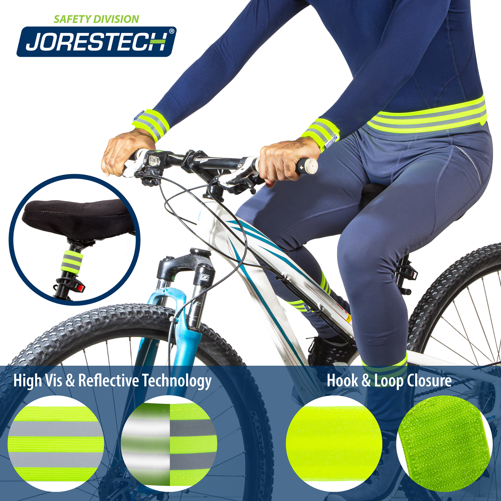A person wearing the hi-vis reflective bands while riding a bicycle. Text reads: High Vis reflective technology and hook and loop closure