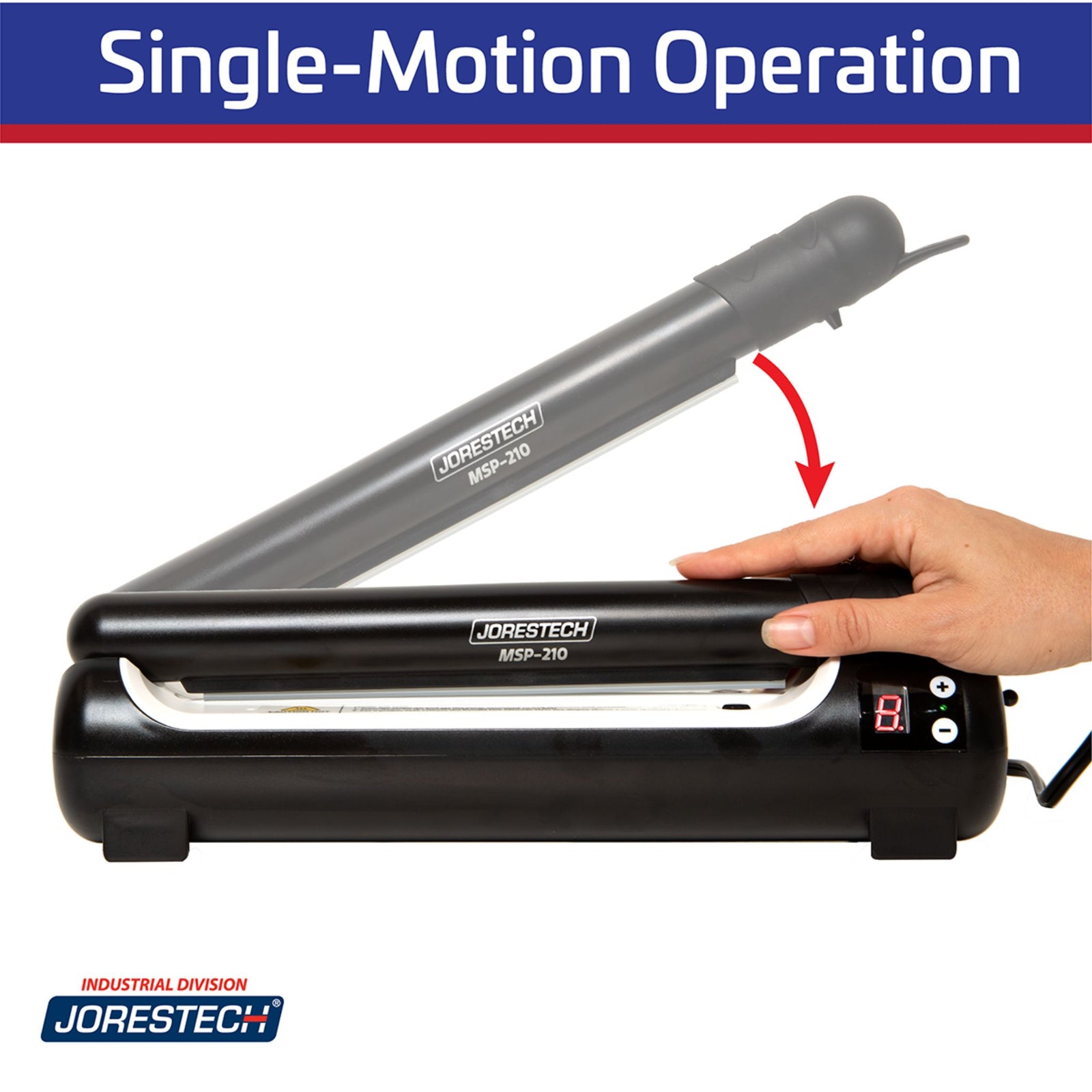 Black manual impulse sealer with a hand pressing down the upper jaw. Blue banner with white letters that say Single-motion operation. 