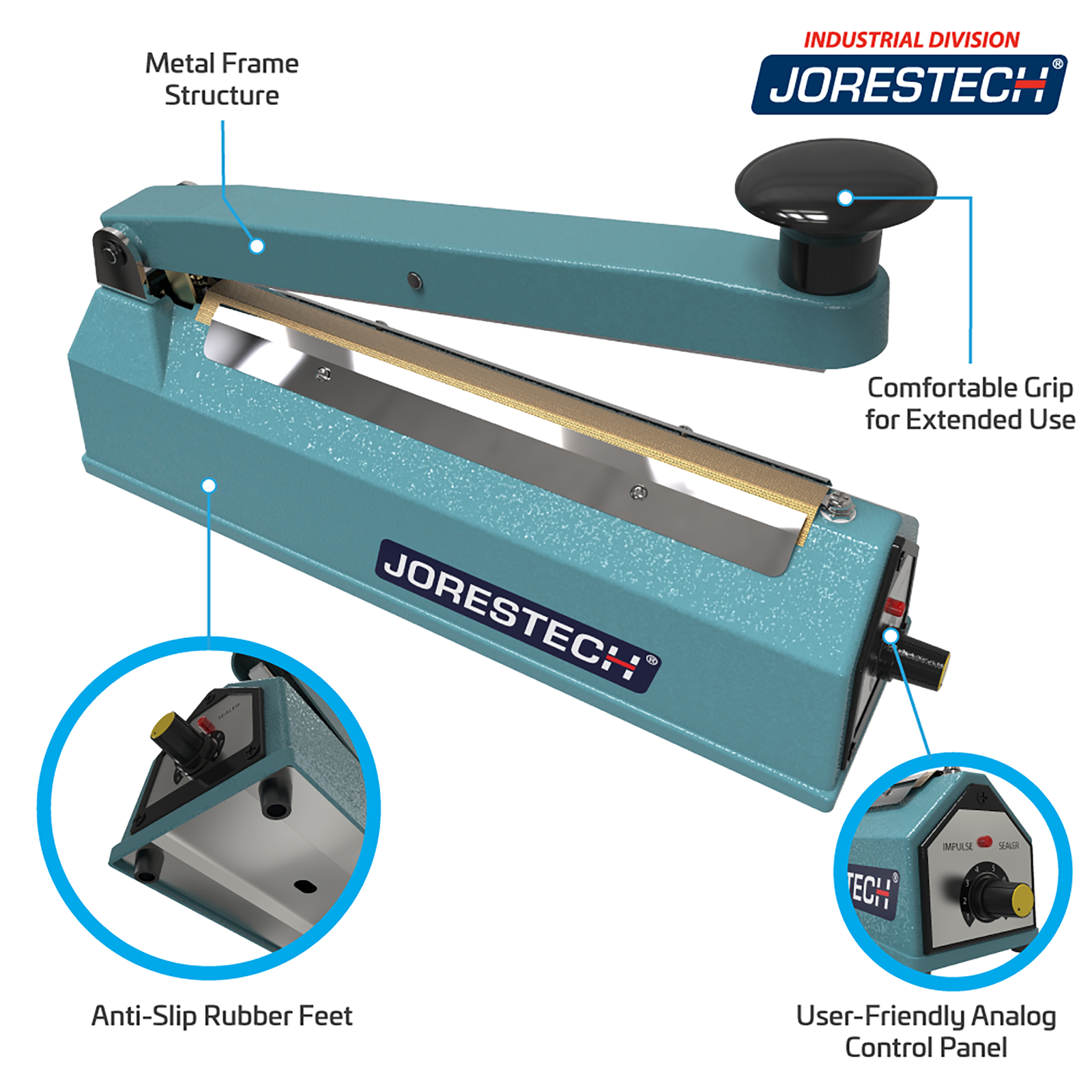 The 8 inch manual impulse sealer. Features include, Metal Frame Structure, Comfortable Grip for Extended Use, Anti-slip Rubber Feet, and User Friendly Analog Control Panel. Zoom in close-ups of rubber feet and control panel.