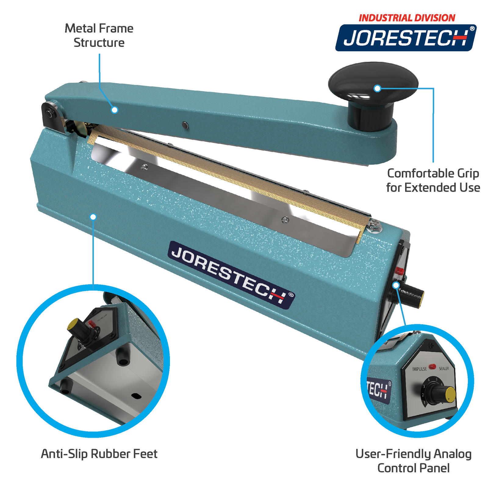 The 8 inch manual impulse sealer. Features include, Metal Frame Structure, Comfortable Grip for Extended Use, Anti-slip Rubber Feet, and User Friendly Analog Control Panel. Zoom in close-ups of rubber feet and control panel.