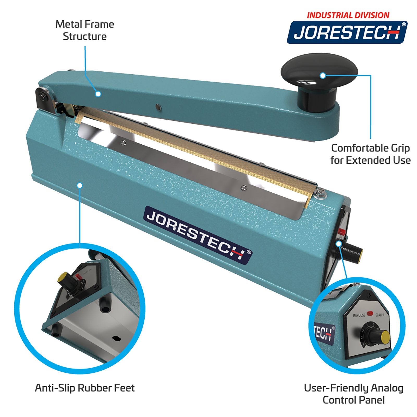 Manual impulse bag sealer by JORES TECHNOLOGIES®.. Features include, Metal Frame Structure, Comfortable Grip for Extended Use, Anti-slip Rubber Feet, and User Friendly Analog Control Panel. Close-ups of rubber feet and control panel