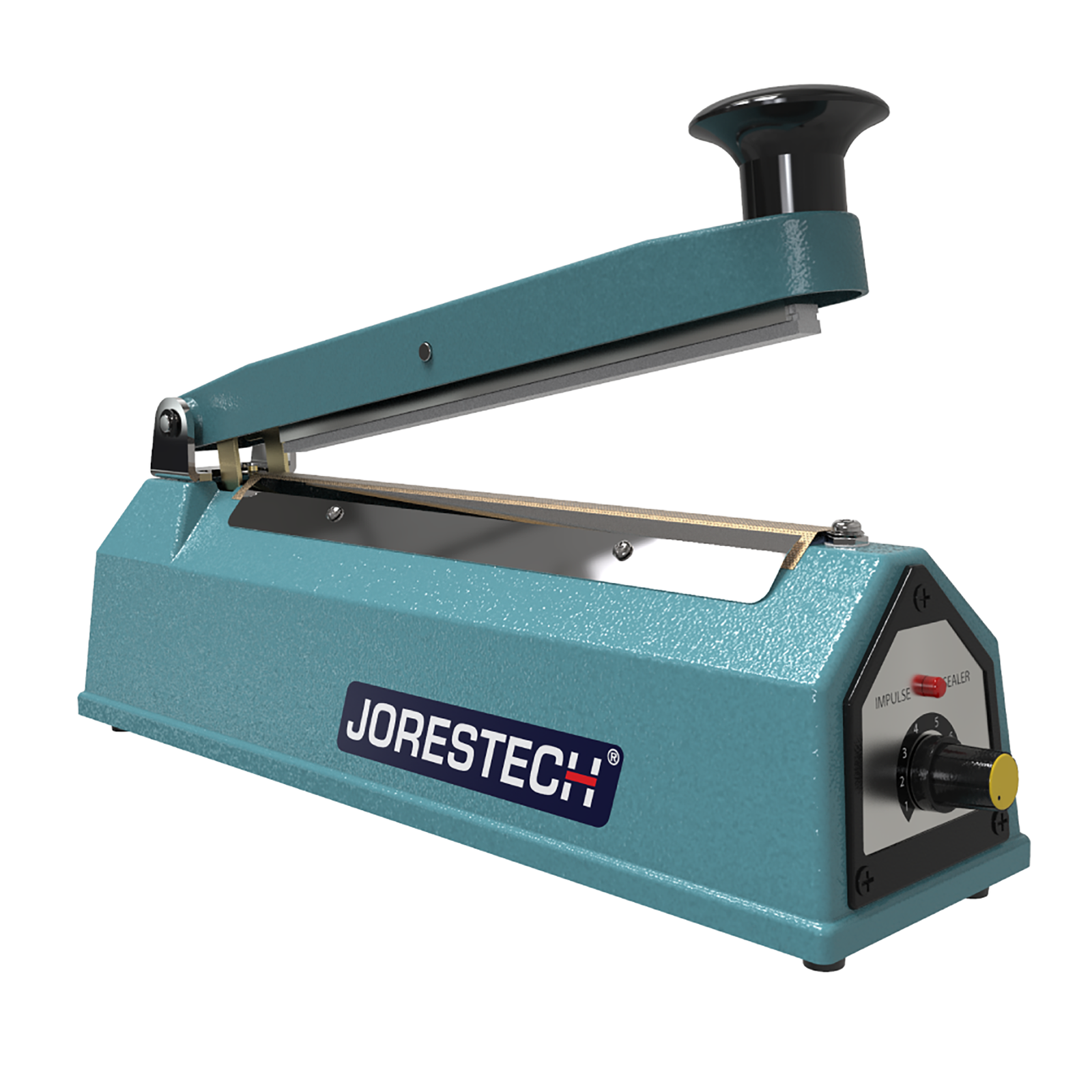 8 inch manual impulse bag sealer machine. Machine is shown with open jaw and JORES TECHNOLOGIES® logo